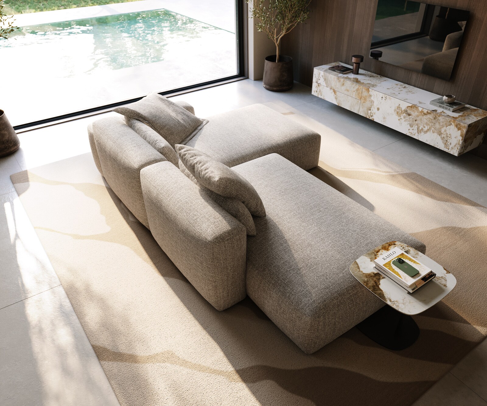 Sofa narożna Freestyle 310x200 cm miękka tkanina beżowa szew płaski 3