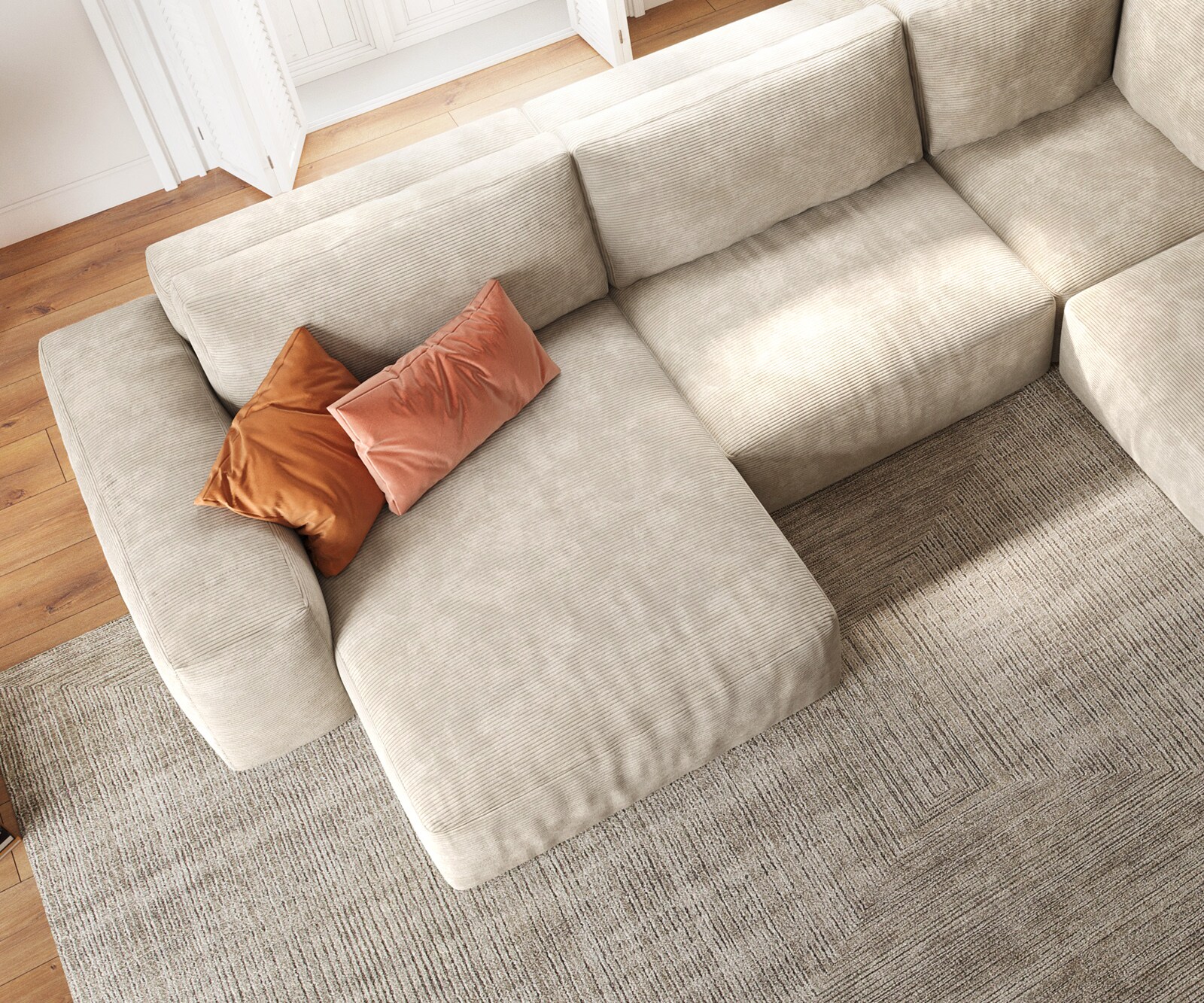 Sofa w kształcie litery U Lanzo 300x210 cm sztruks beżowy szezlong z możliwością obustronnego montażu z pufem 3