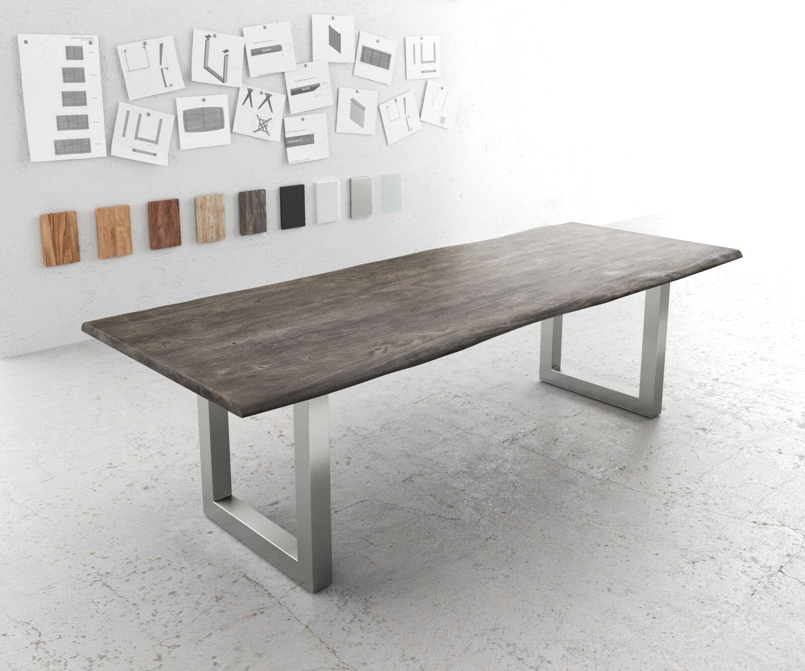 Stół do jadalni Edge 260x100 cm akacja platynowa stal nierdzewna szeroka rama live-edge