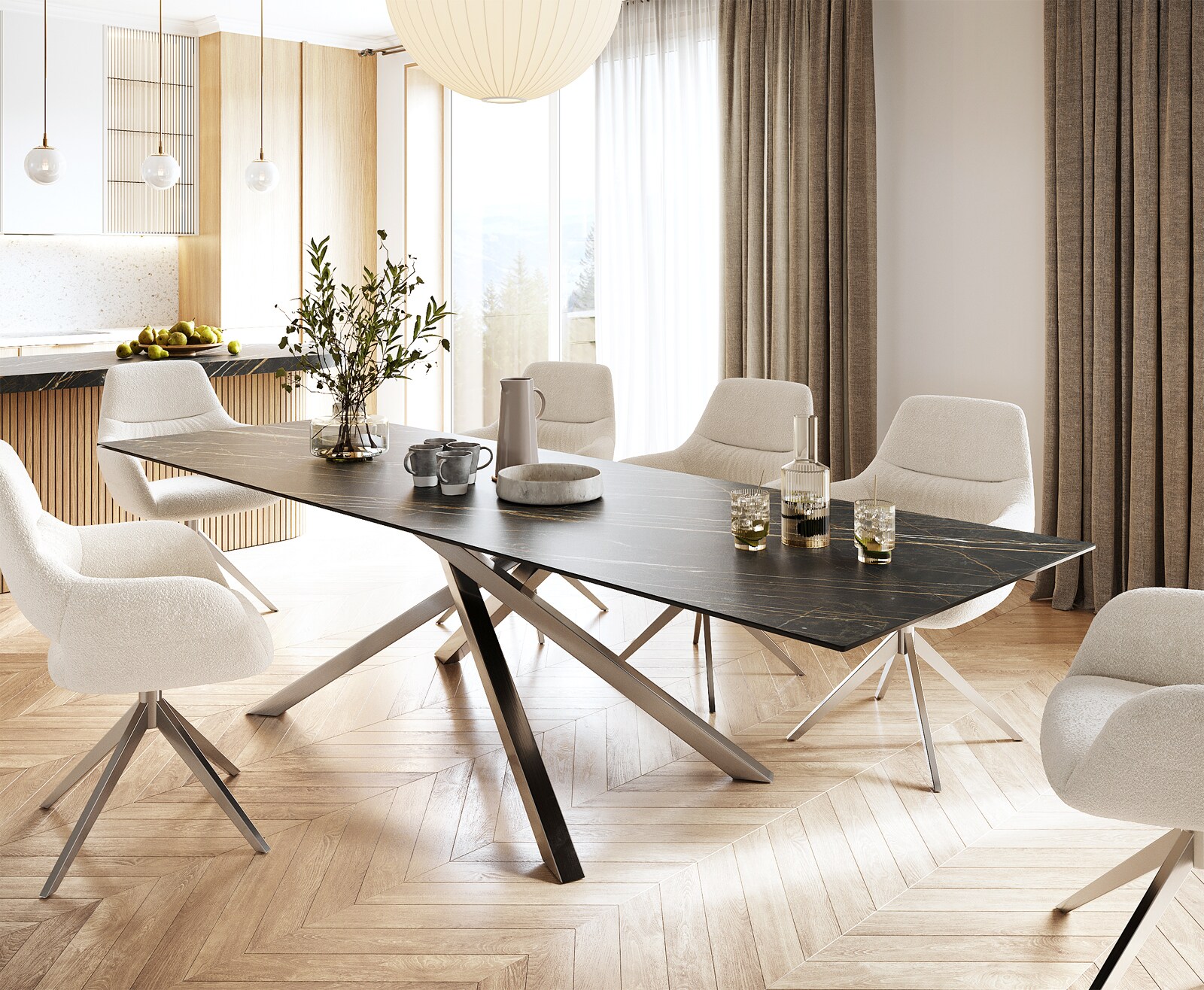 Stół do jadalni Edge 300x100cm ceramika Laminam® Noir Desir brązowy rama Cross stal nierdzewna