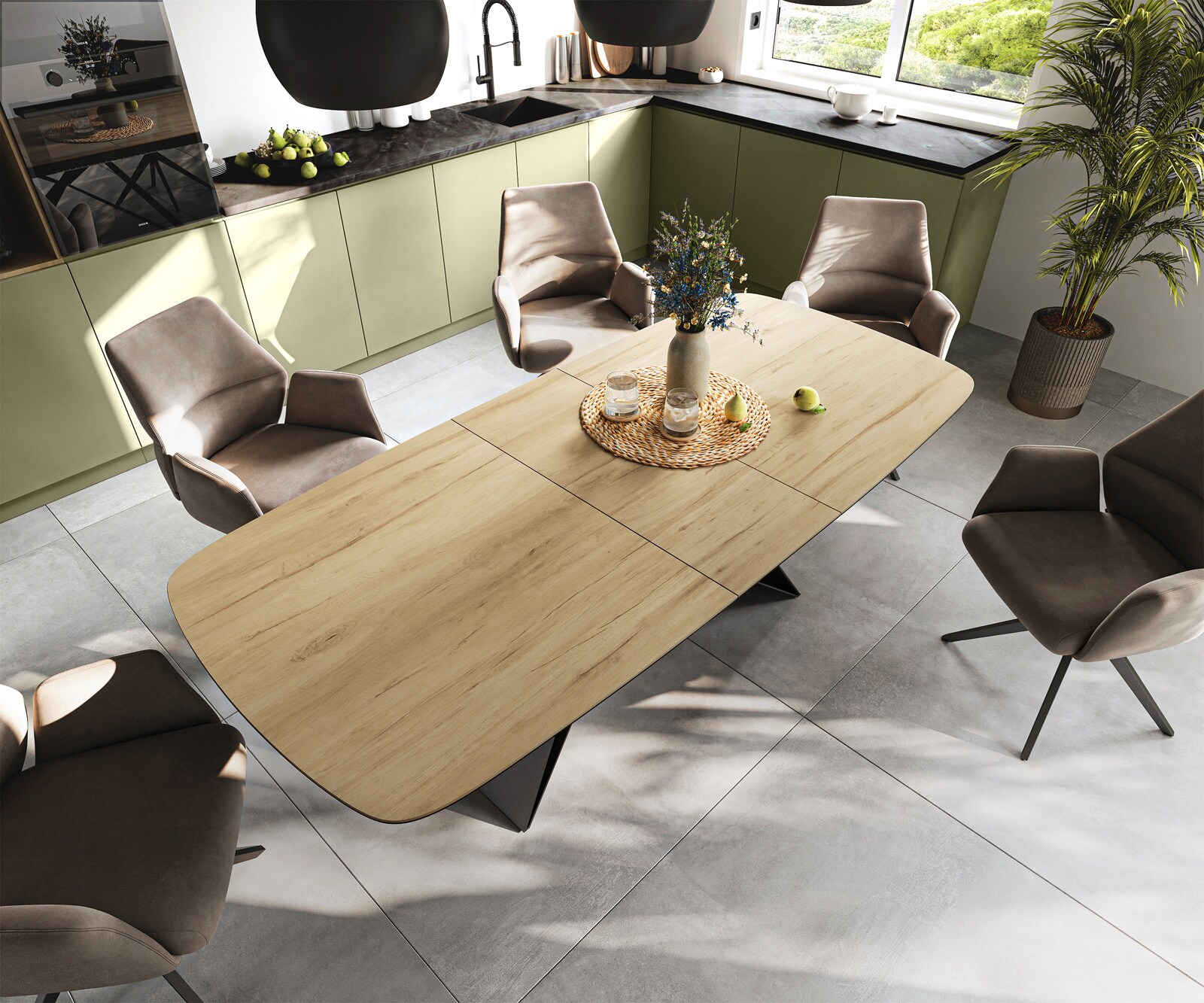 Stół do jadalni Edge w kształcie beczki 180-220x100 cm ceramika Laminam® Sabbia w kolorze dębu rama typu V metal czarny rozkładany 4