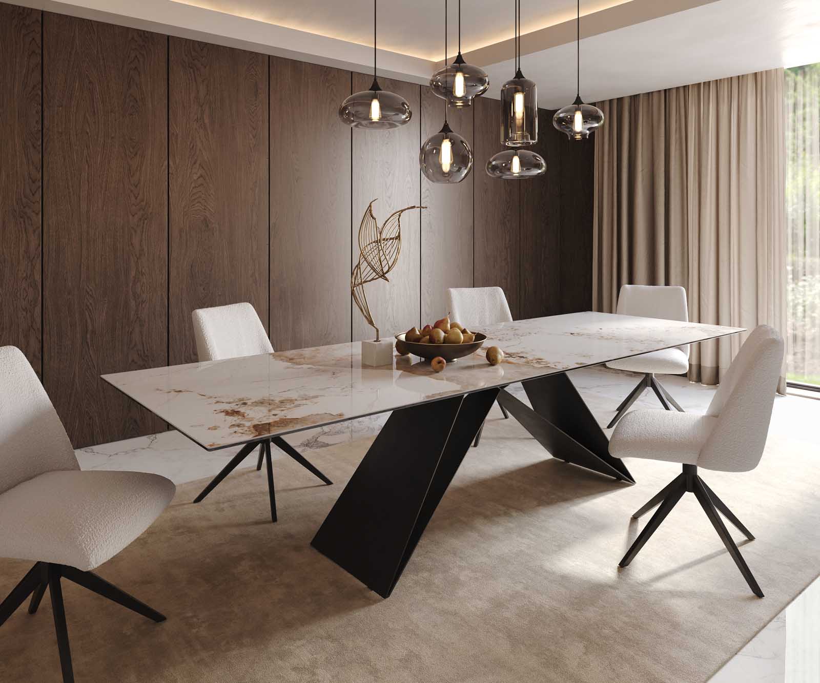 Stół do jadalni Edge 300x100cm ceramika Minas Melange biało-beżowy rama V metal czarna 1