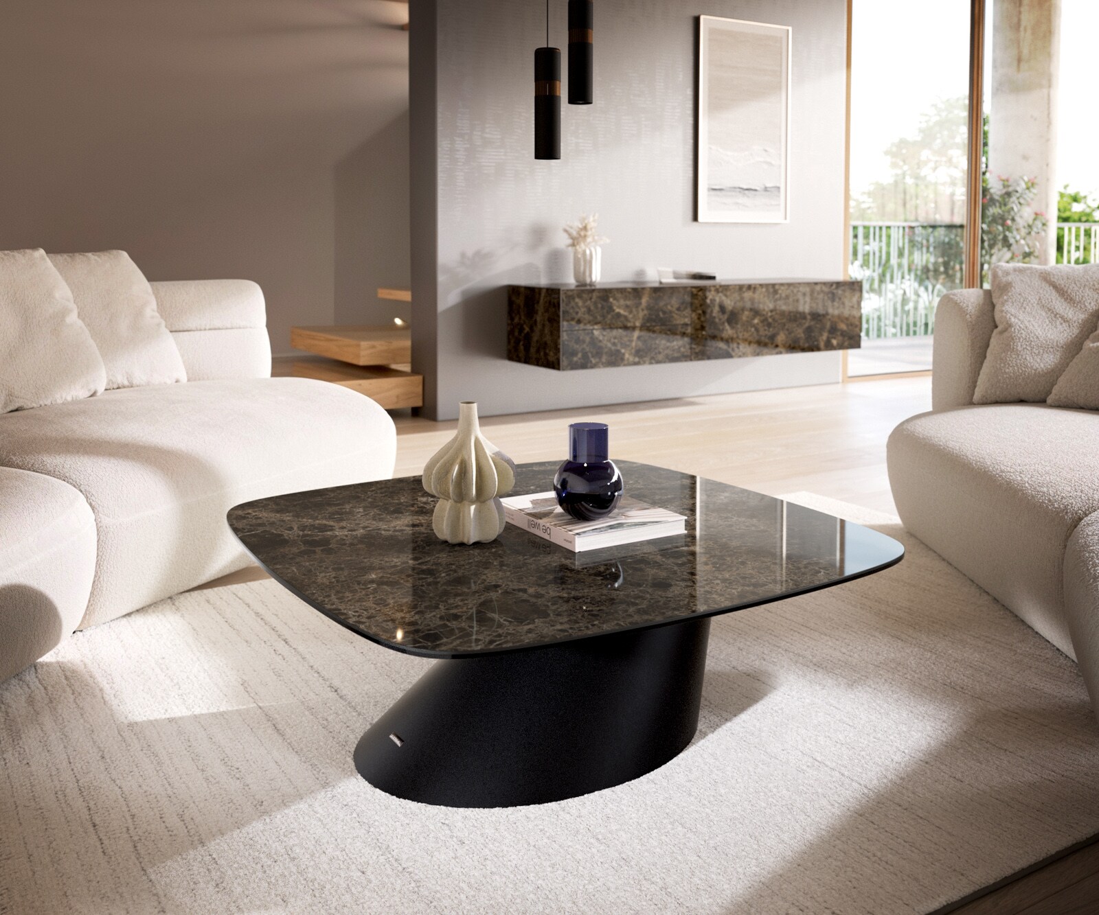 Stolik kawowy Edge w kształcie beczki 90x90 cm ceramika Laminam® Emperador Extra Lucidato ciemnobrązowy Conis czarny metal 1