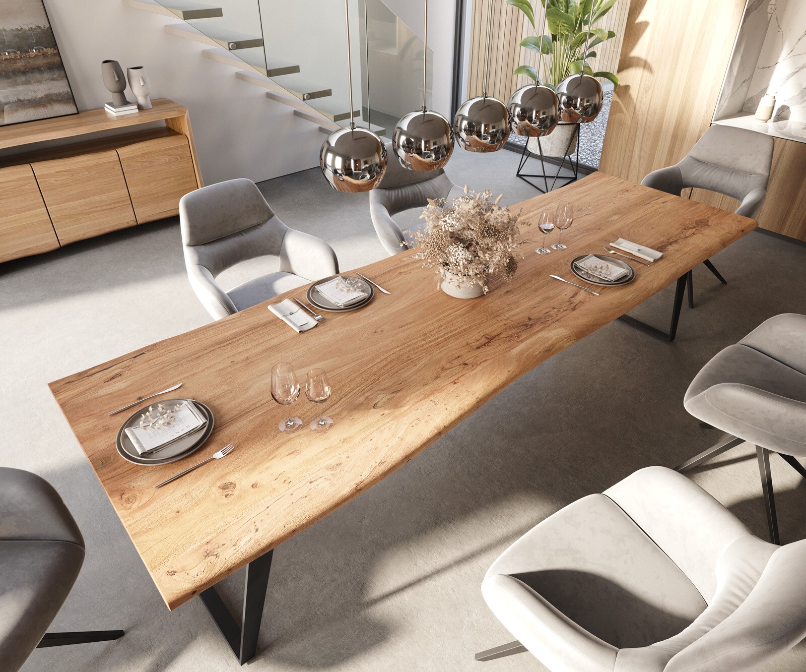 Stół do jadalni Edge 300x100cm akacja naturalna metal pochylona rama live-edge 4