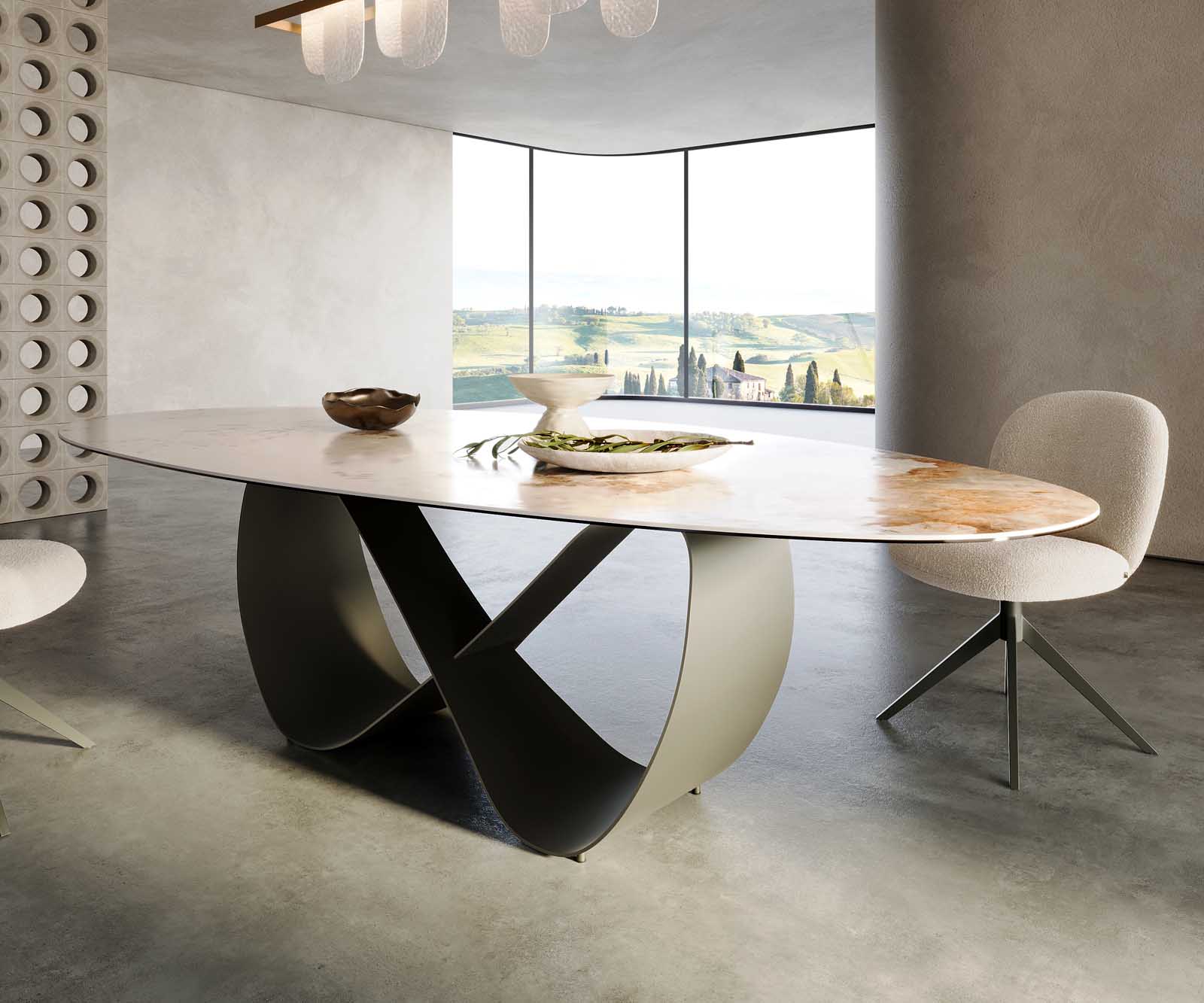 Stół do jadalni Edge owalny 280x130cm ceramika Minas Melange biało-beżowy rama Infinity metal kolor tytanowy 5