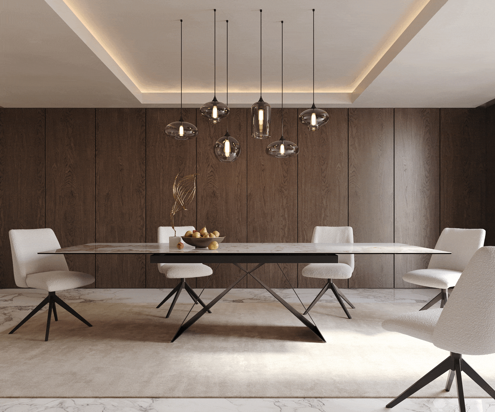 Stół do jadalni Edge 200-300x100 cm ceramika Minas Melange biało-beżowy rama V metal czarna rozkładany 2