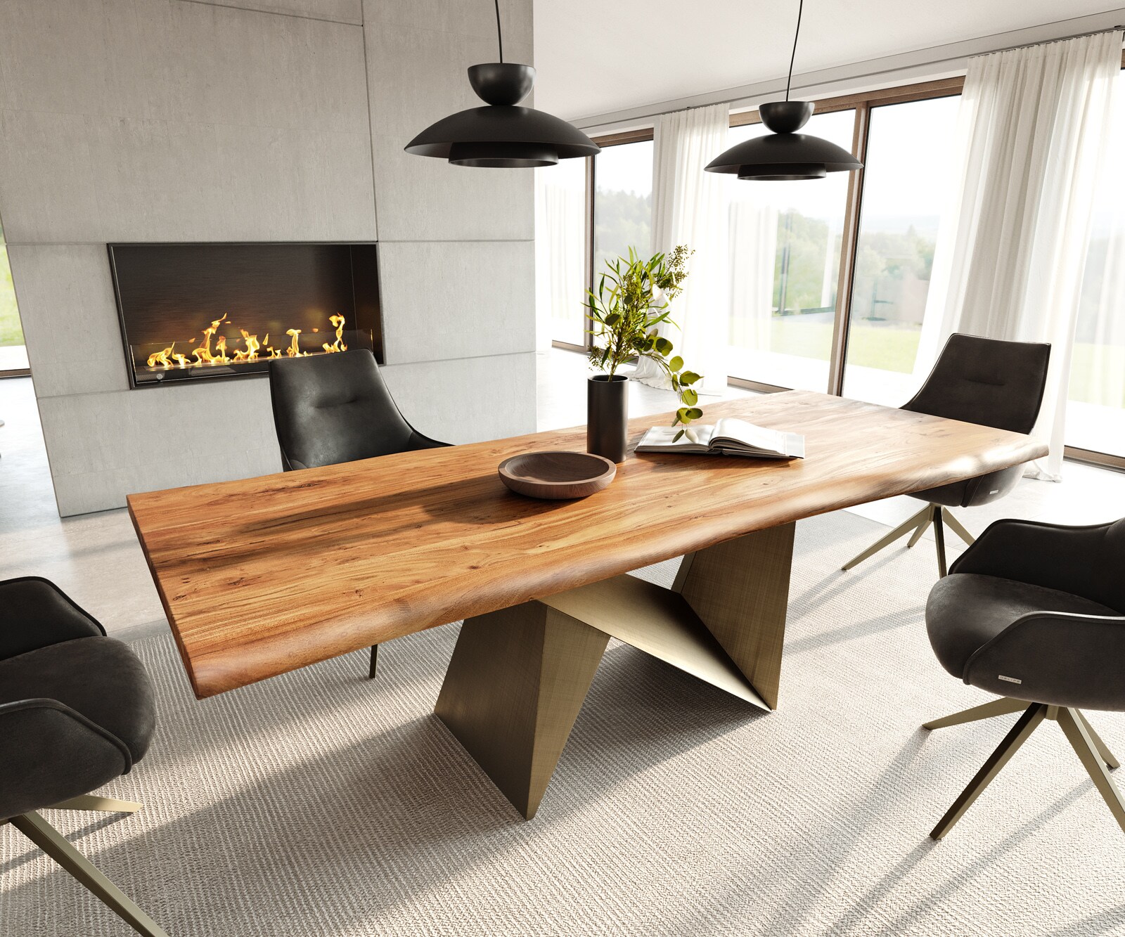 Stół do jadalni Edge 240x100 cm akacja naturalna rama Origami metaliczny złoty live-edge