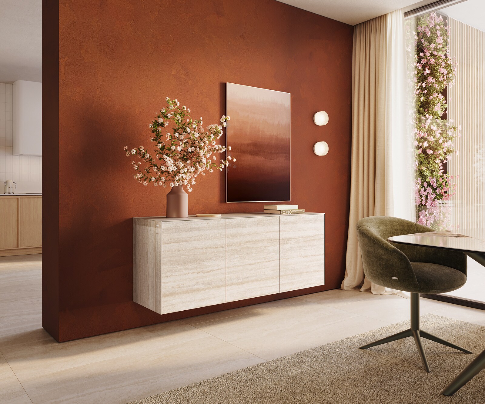 Komoda Cuor 150 cm ceramika Laminam® Travertino Bianco kremowo-biała 3 drzwi podwieszana 1