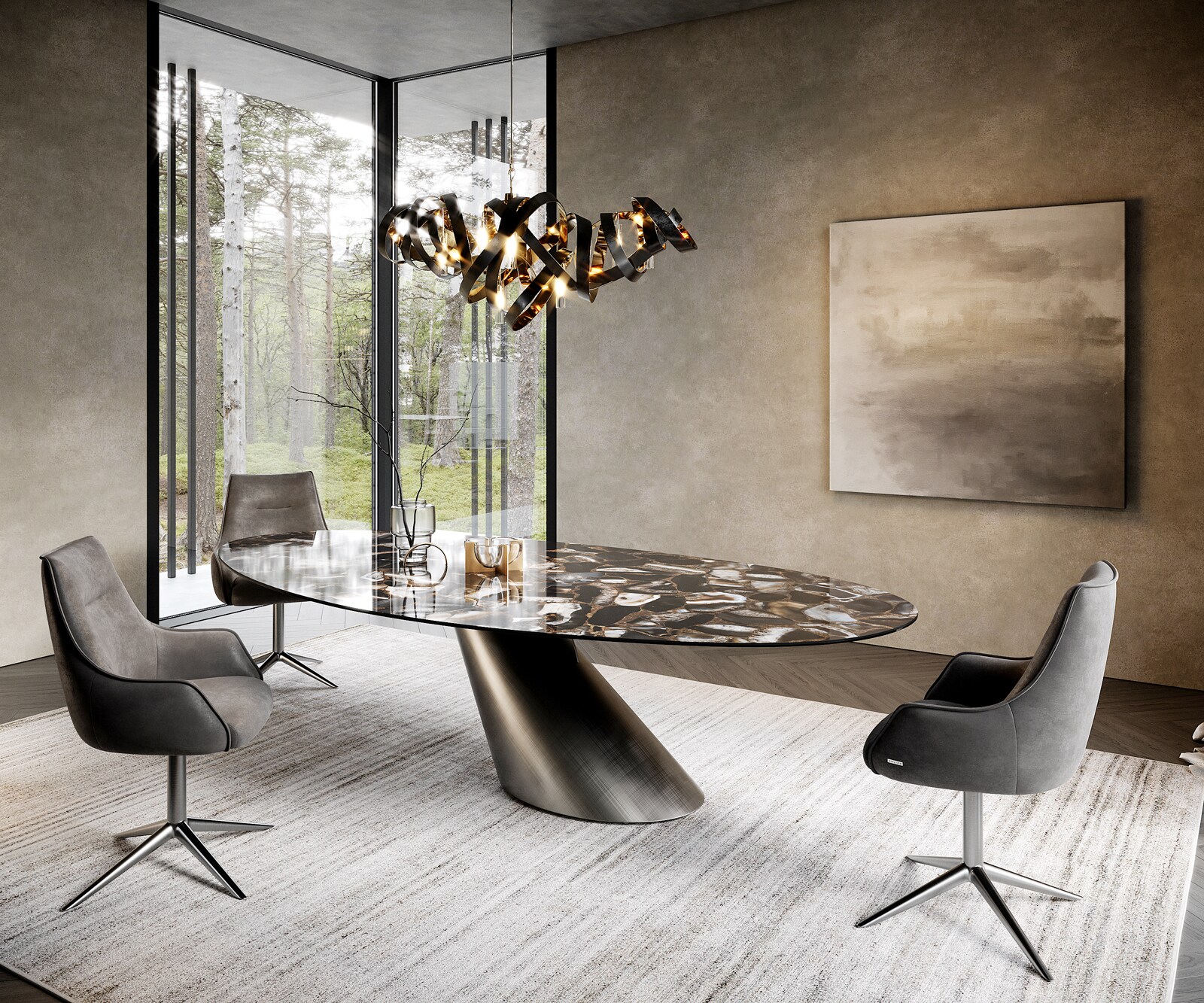 Stół do jadalni Edge owalny 280x130 cm ceramika Iris FMG Agatablack rama Cono metaliczny srebrny 3