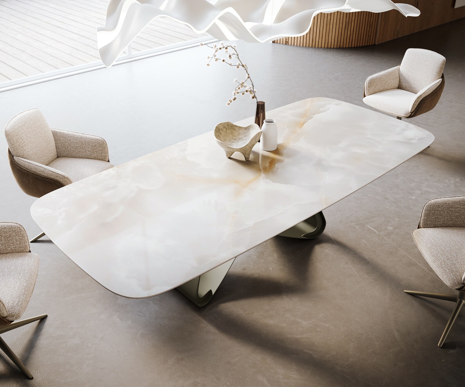 Stół do jadalni Edge w kształcie beczki 270x120 cm ceramika Iris FMG Onice Grigio rama typu W metal w kolorze tytanu 4