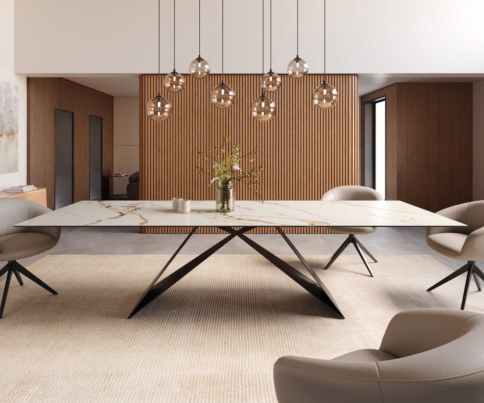 Stół do jadalni Edge 300x100cm ceramika Calacatta Luxe biało-złoto-szary rama V metal czarna 2