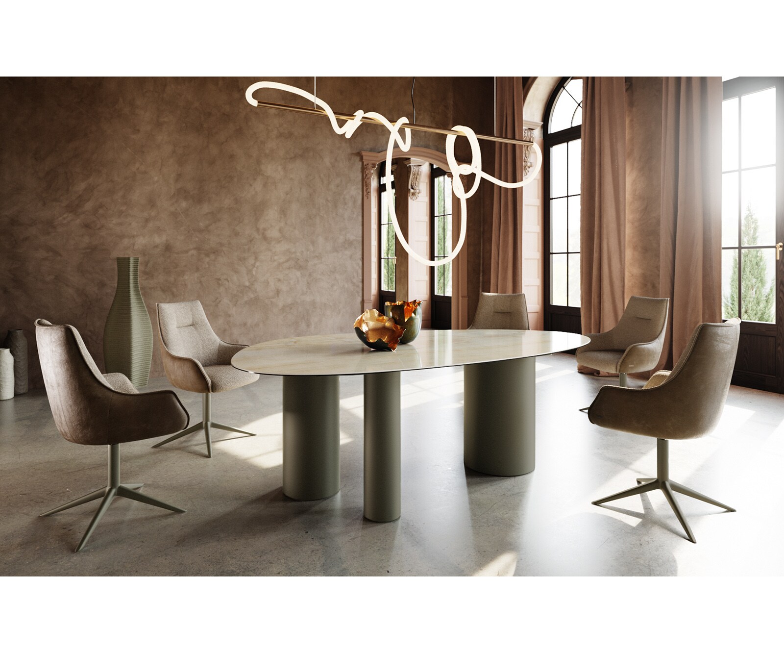 Stół do jadalni Edge owalny 220x120cm ceramika Iris FMG Onice Oro rama Troa metal kolor tytanowy 6