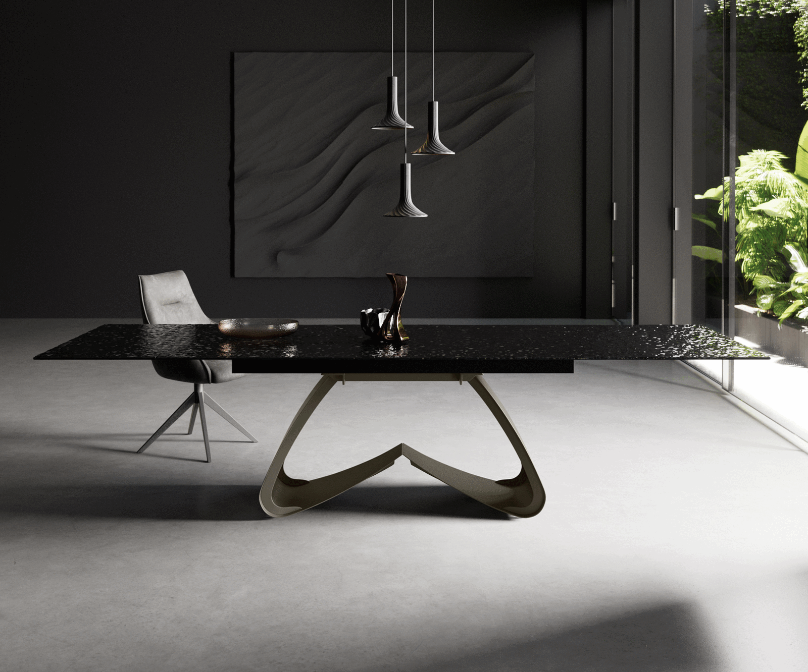 Stół do jadalni Edge 200-300x100 cm szkło reliefowe czarne efekt 3D rama W kolor tytanowy rozkładany 1
