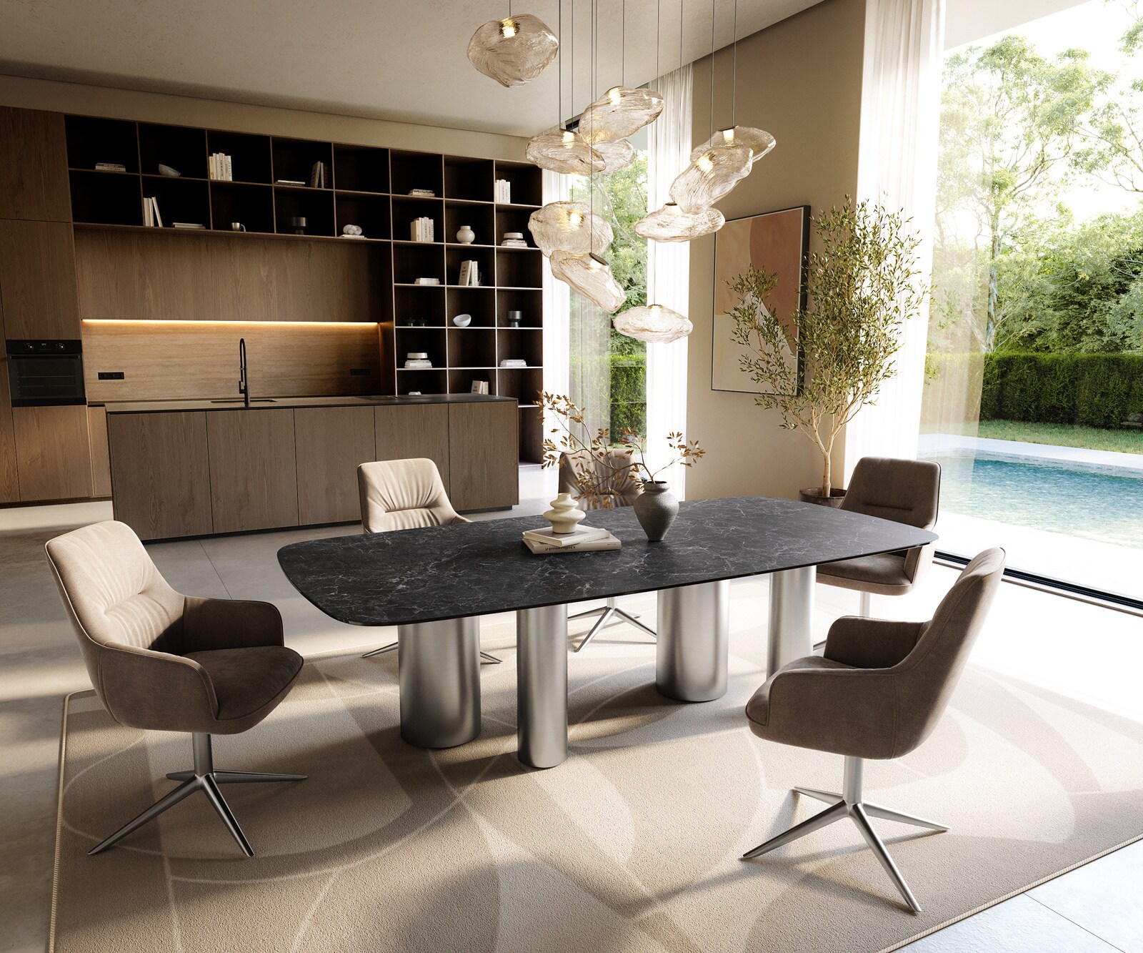 Stół do jadalni Edge w kształcie beczki 240x120 ceramika Laminam® Nero Greco antracytowa rama Pilier stal nierdzewna szczotkowana 6