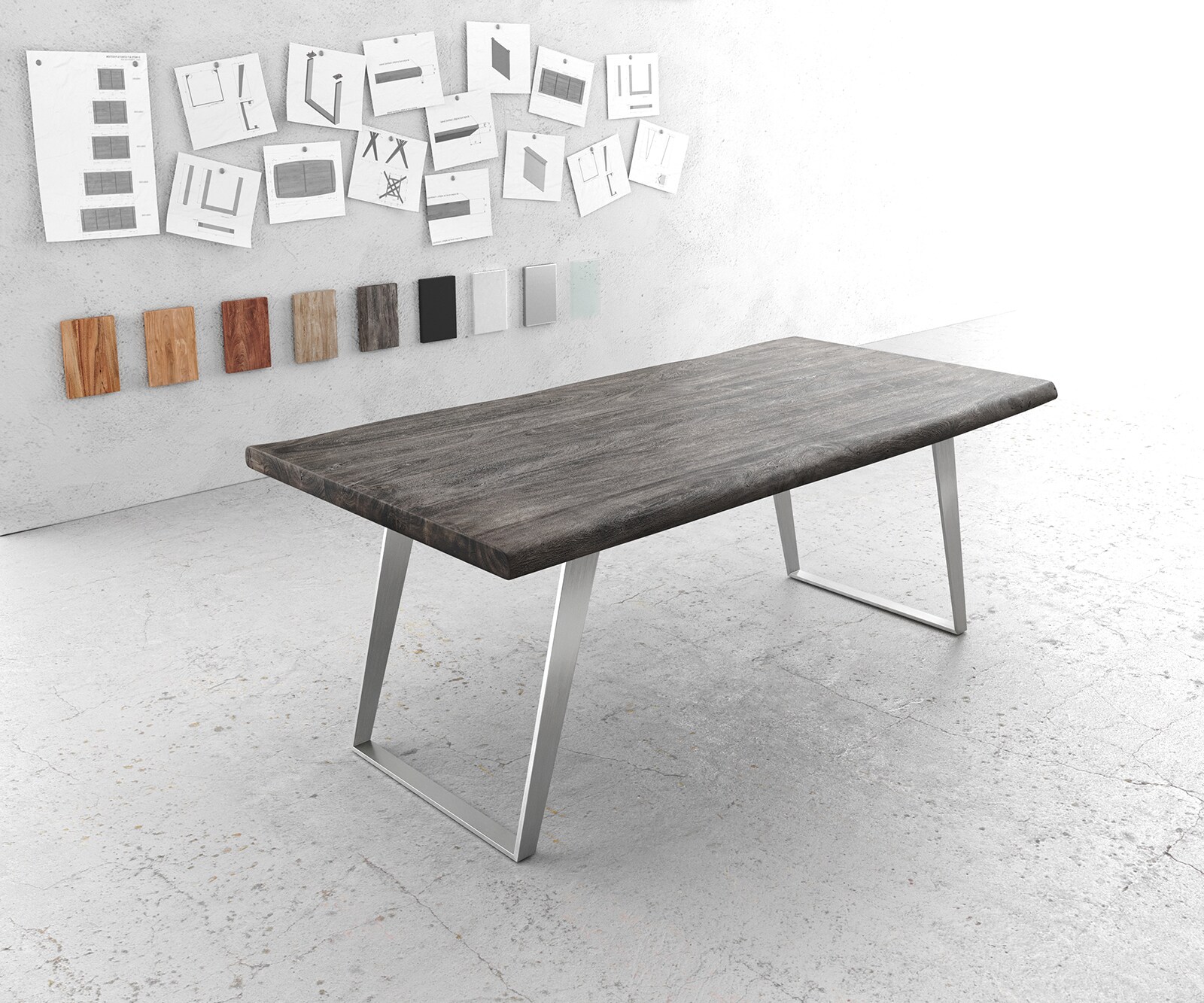 Stół do jadalni Edge 200x100 cm XL akacja platynowa stal nierdzewna srebrna rama pochylona live-edge 1