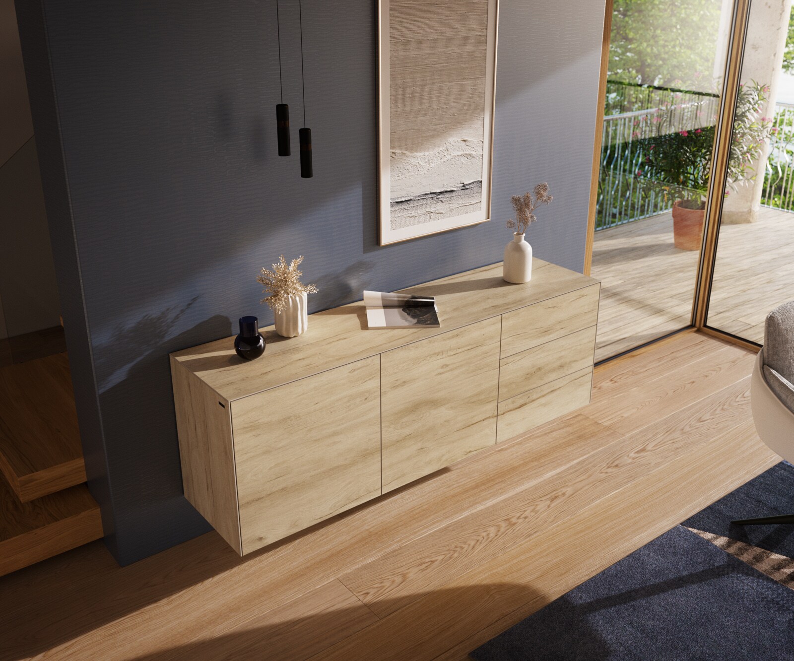 Komoda Cuor 180 cm ceramika Laminam® Sabbia (kolor dębu) 2 drzwi 3 szuflady podwieszana 4