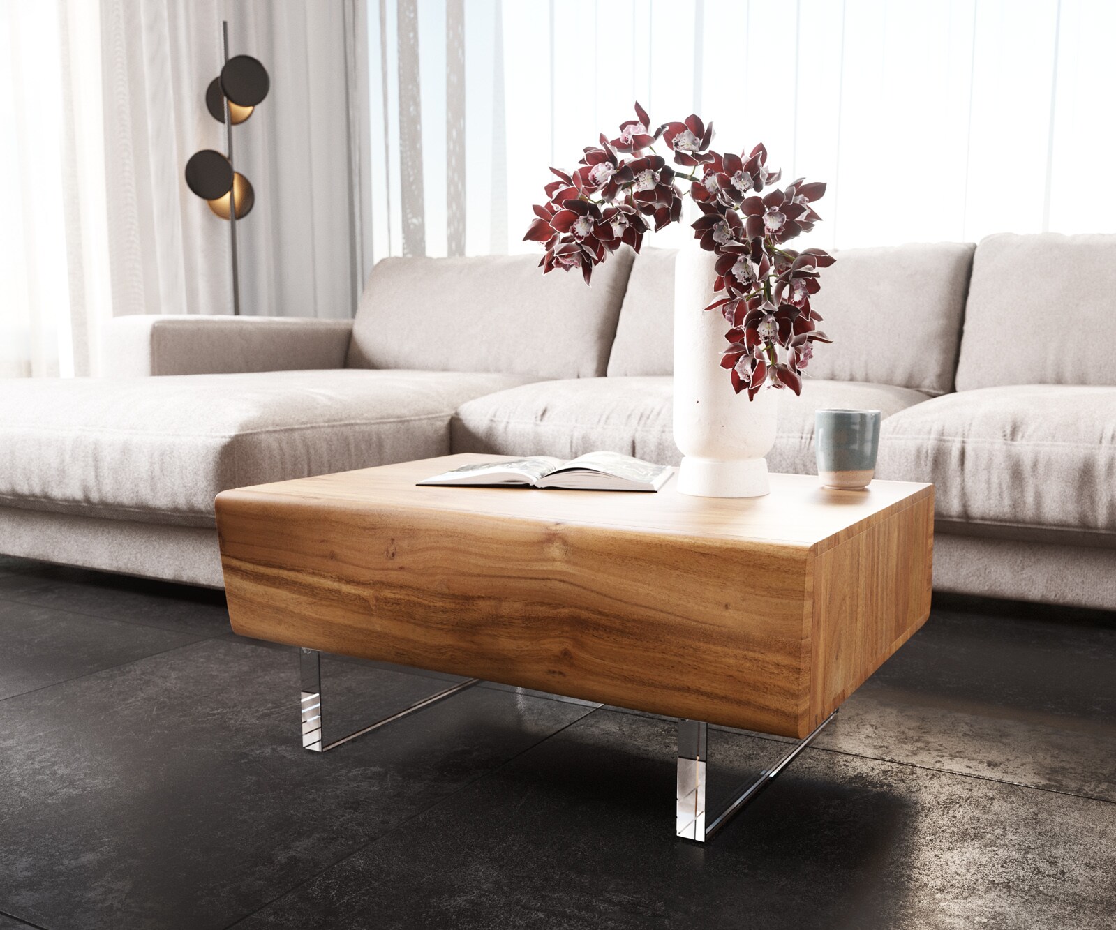 Stolik kawowy New Live-Edge 80x60cm akacja naturalna 2 szuflady nóżki akrylowe 3