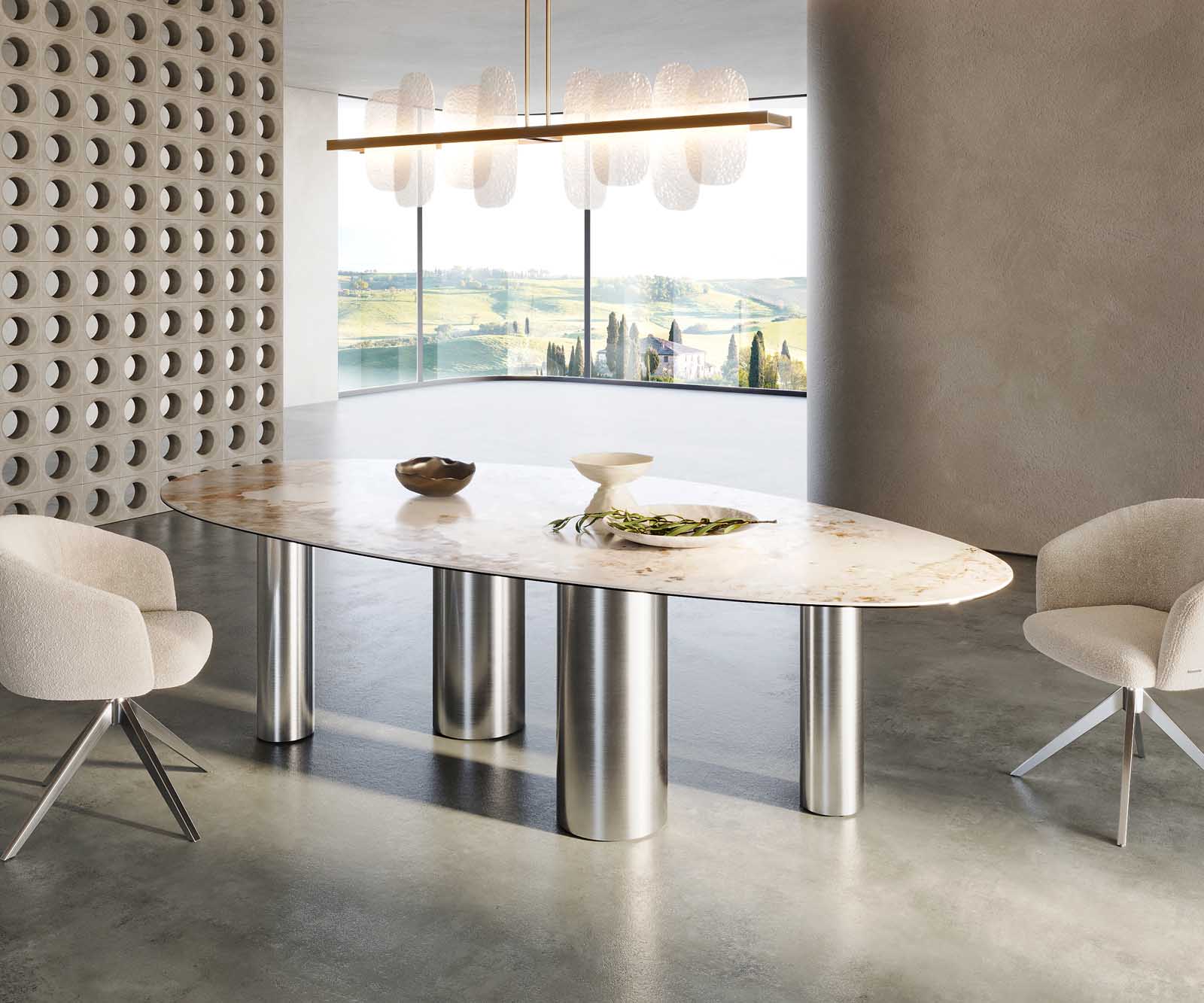 Stół do jadalni Edge owalny 280x130cm ceramika Minas Melange biało-beżowy rama Pilier stal nierdzewna 6