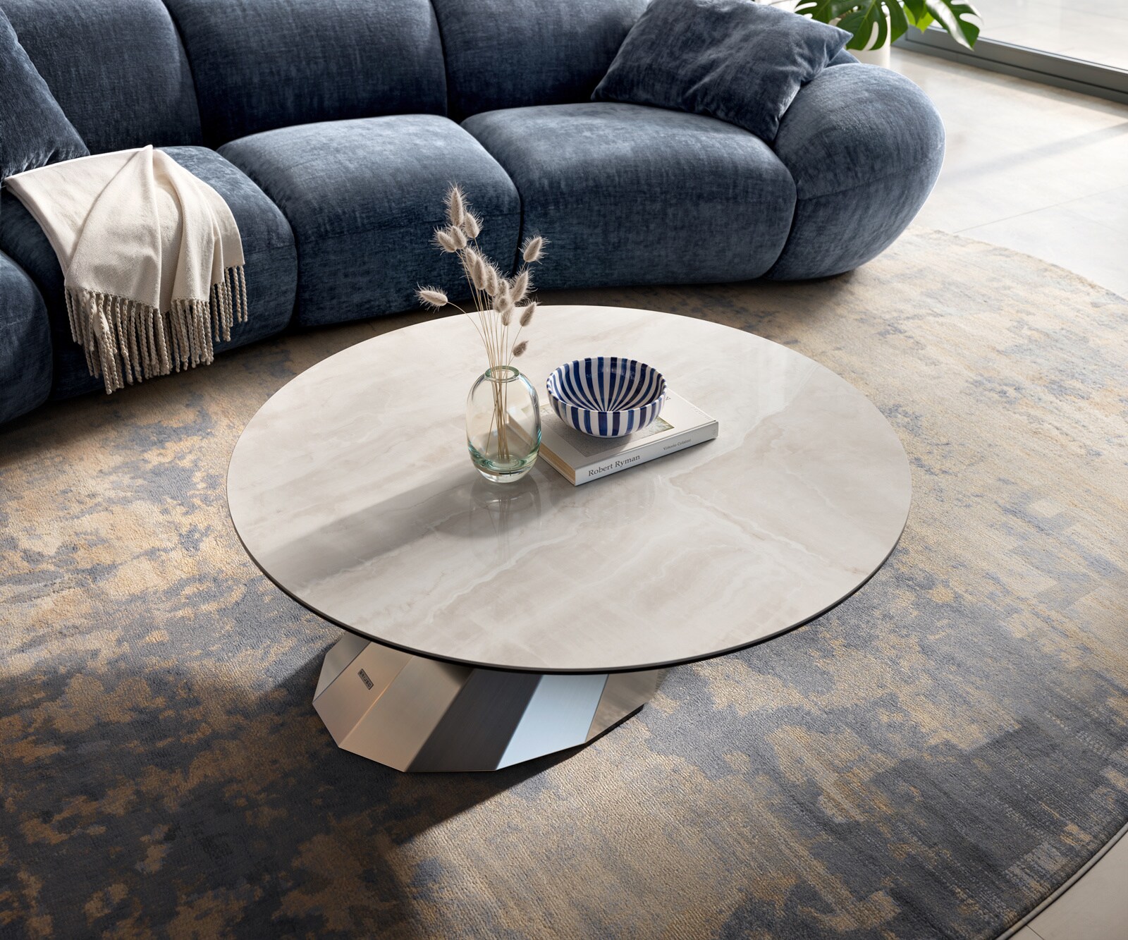 Stolik kawowy Edge okrągły 100x100 cm ceramika Onyx Champagne podstawa Parabi stal nierdzewna szczotkowana 4