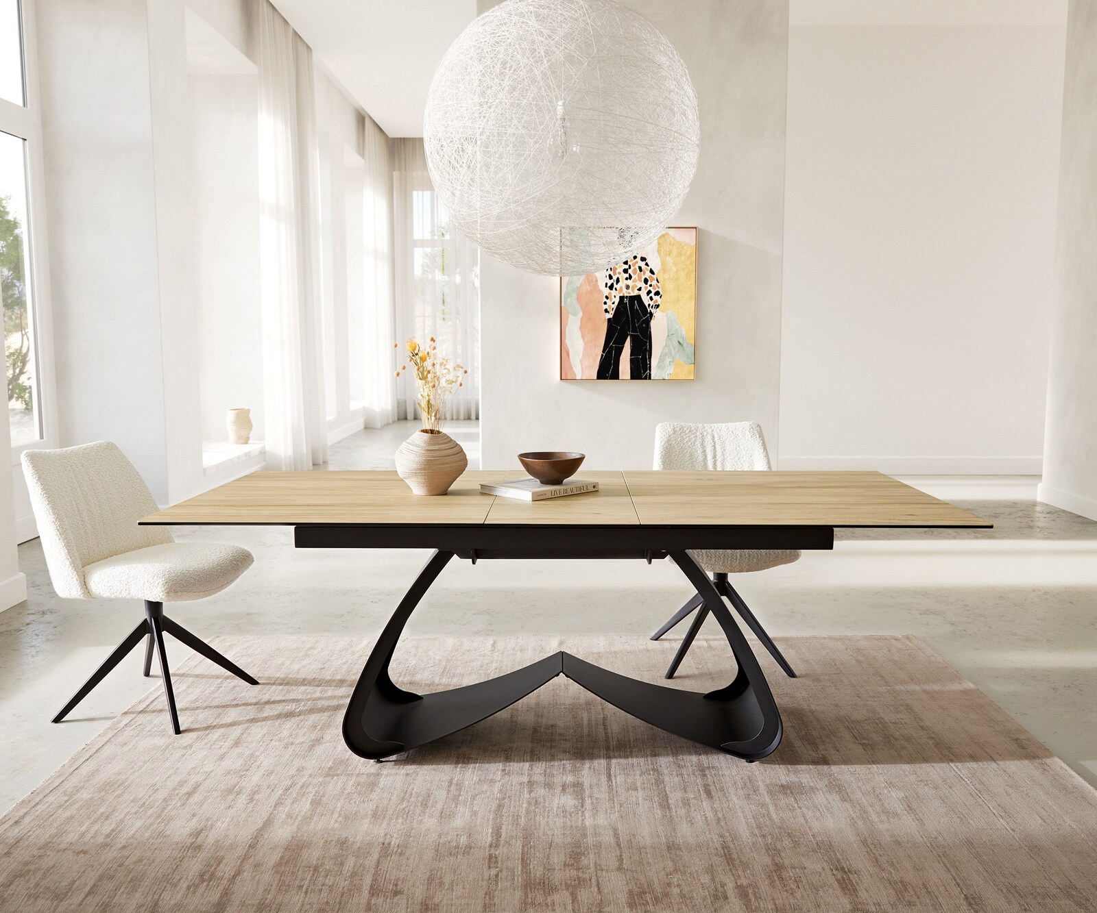 Stół do jadalni Edge 180-220x100 cm ceramika Laminam® Sabbia kolor dębu rama W czarna rozkładany
