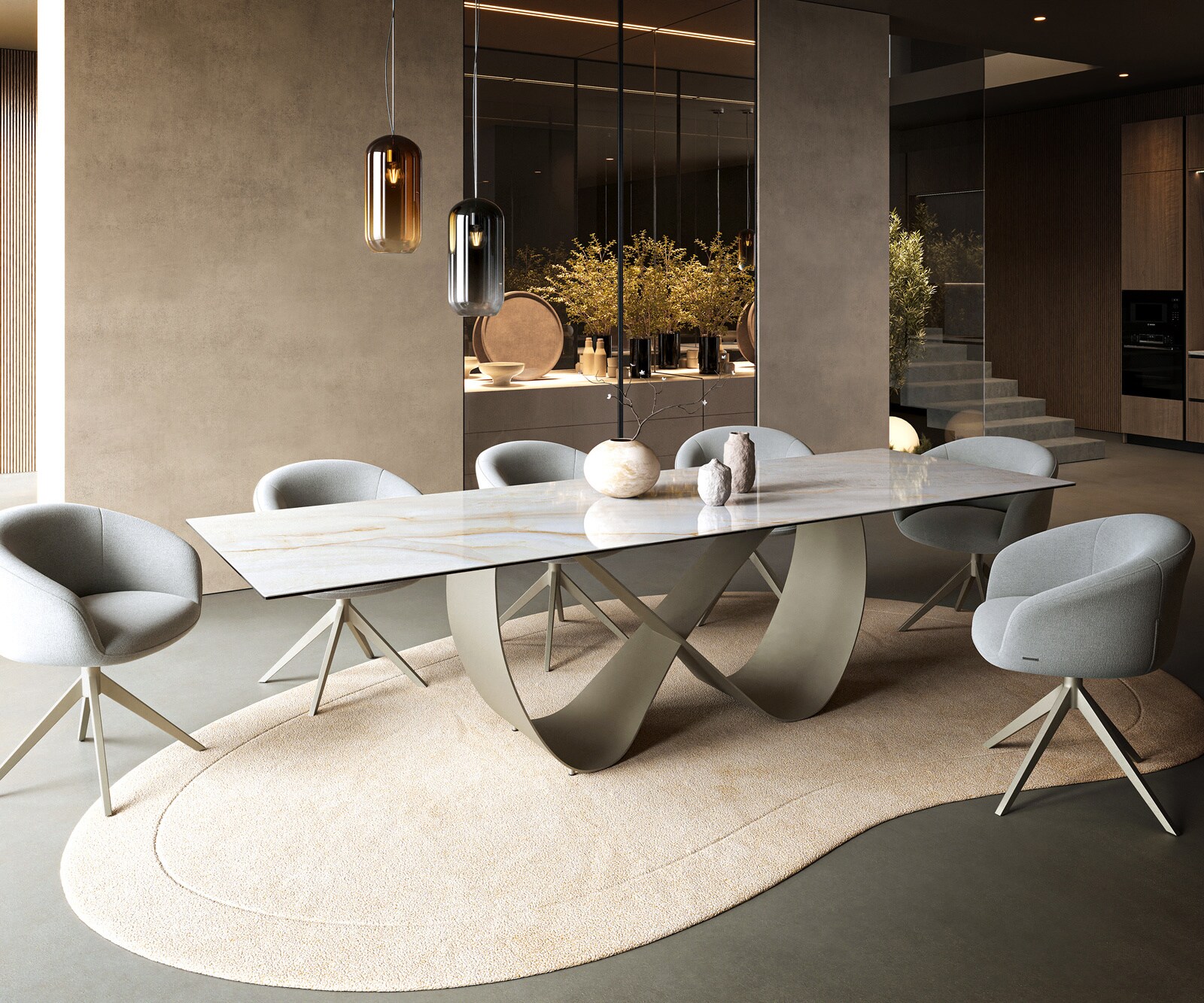 Stół do jadalni Edge 300x100cm ceramika Onyx Pearl rama Infinity metal kolor tytanowy 6