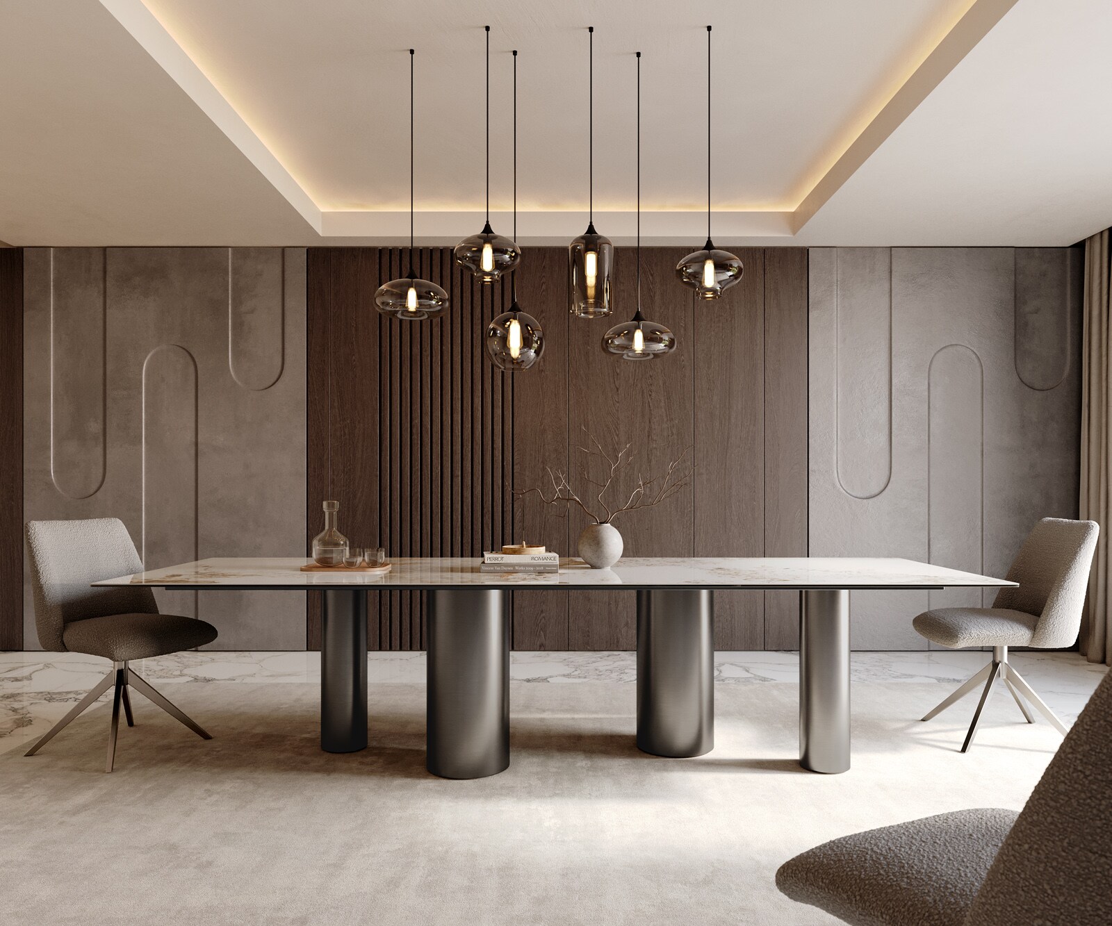 Stół do jadalni Edge 300x100cm ceramika Minas Melange biało-beżowy rama Pilier stal nierdzewna grafit 2