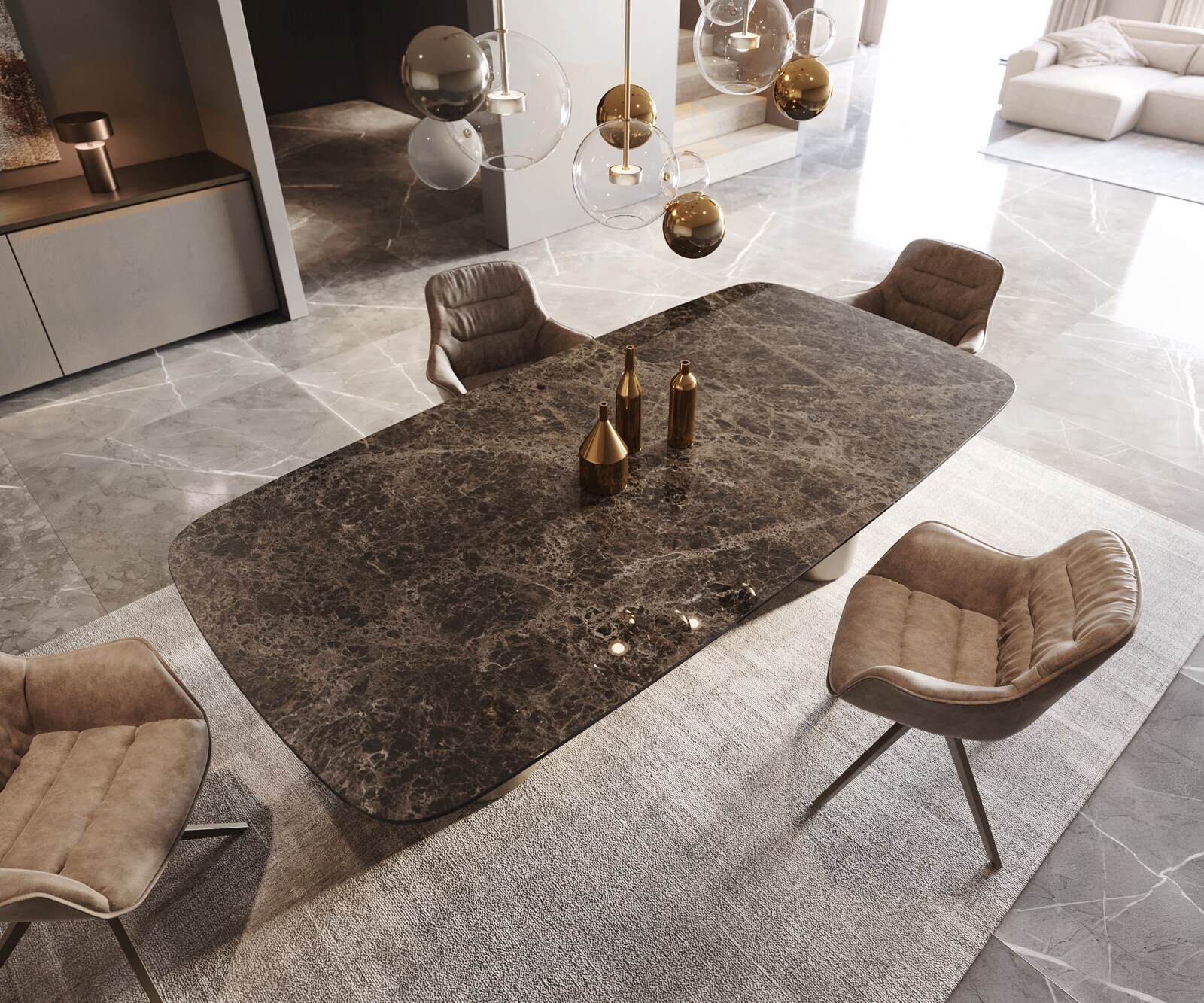 Stół do jadalni Edge kształt beczki 240x120cm ceramika Emperador Extra Lucidato ciemnobrązowy rama Troa metal kolor tytanowy 4