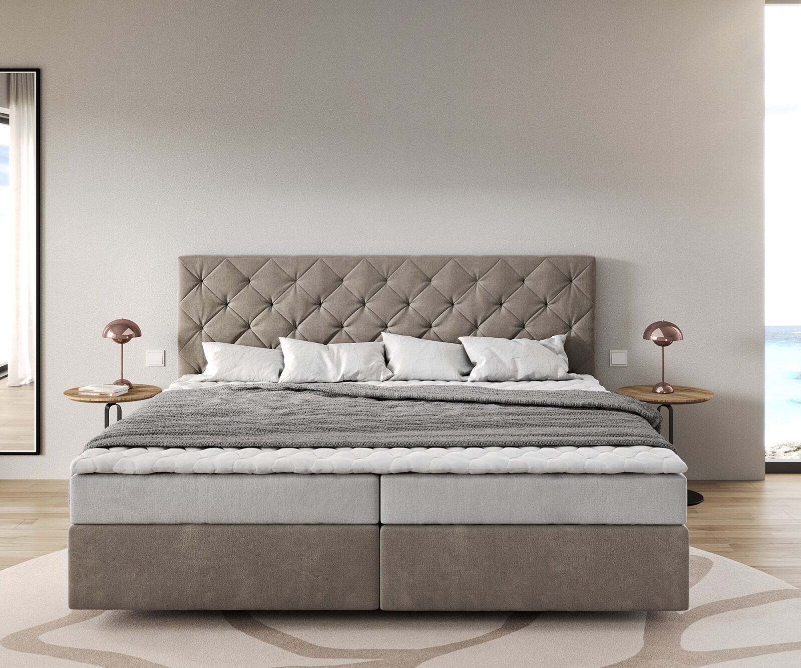 Łóżko kontynentalne Dream-Great mikrofibra beżowa 200x200cm materac bonellowy topper PU 1