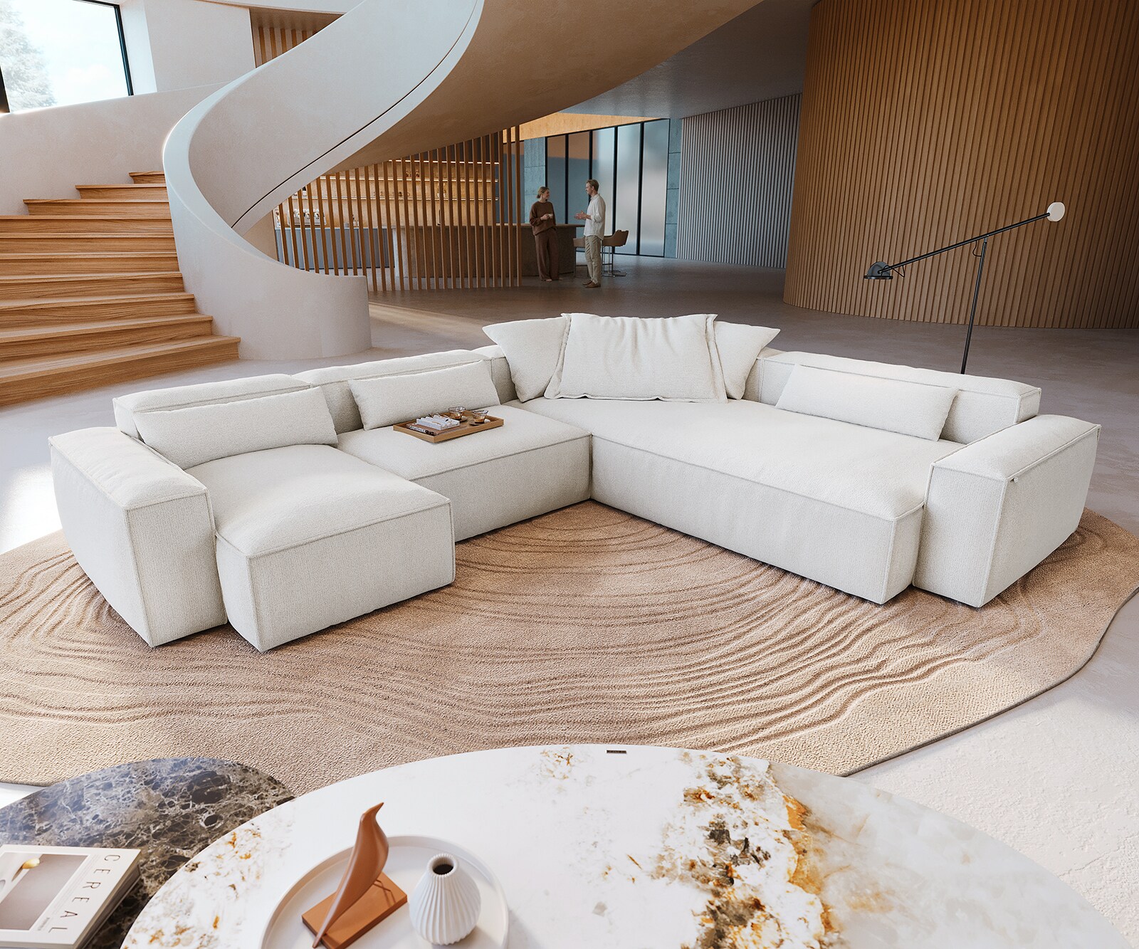 Sofa w kształcie litery U Freestyle 360x290 cm miękka tkanina bouclé beżowa z lamówką