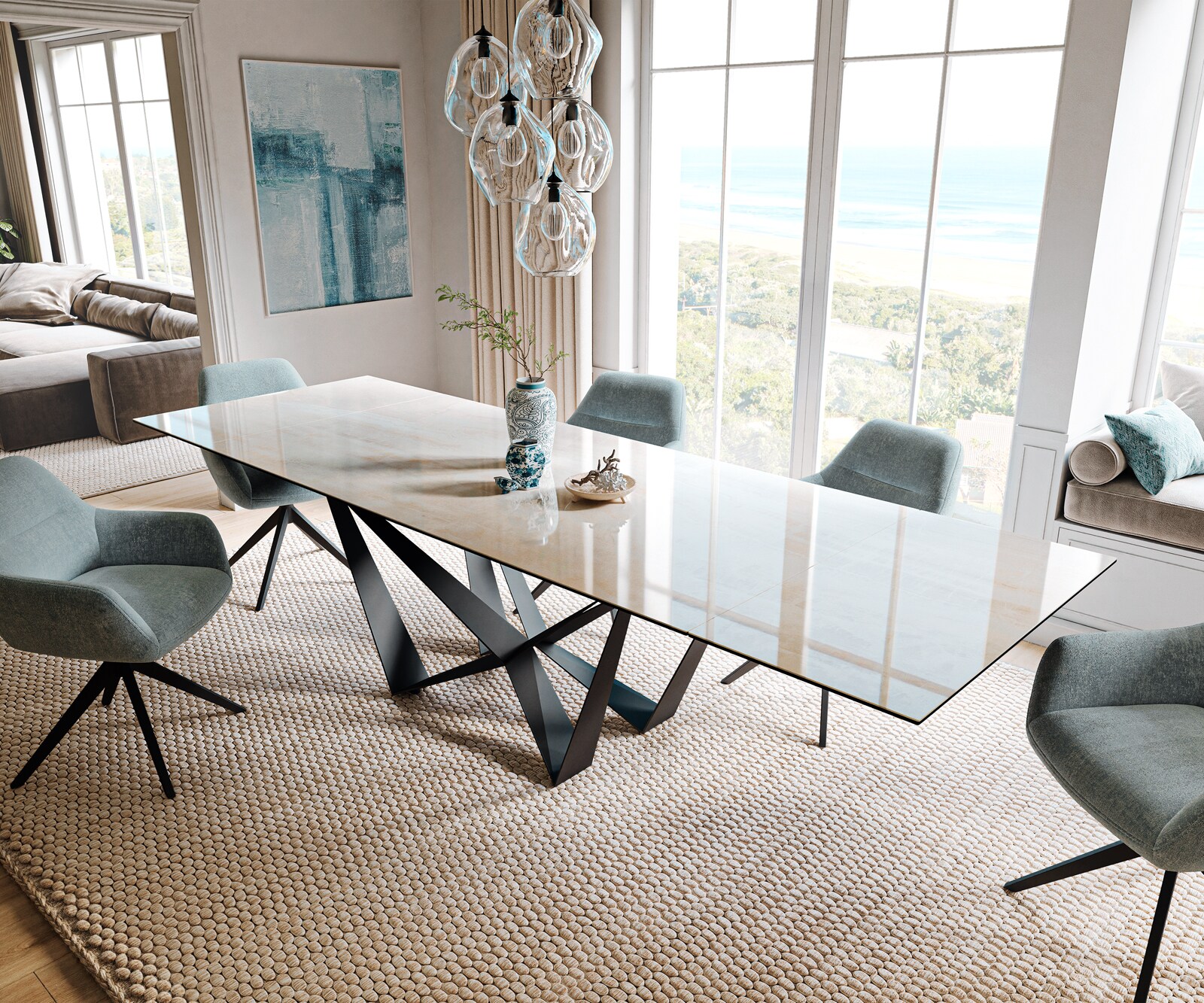 Stół do jadalni Edge 200-300x100cm ceramika Onyx Champagne rama Spider czarny rozkładany