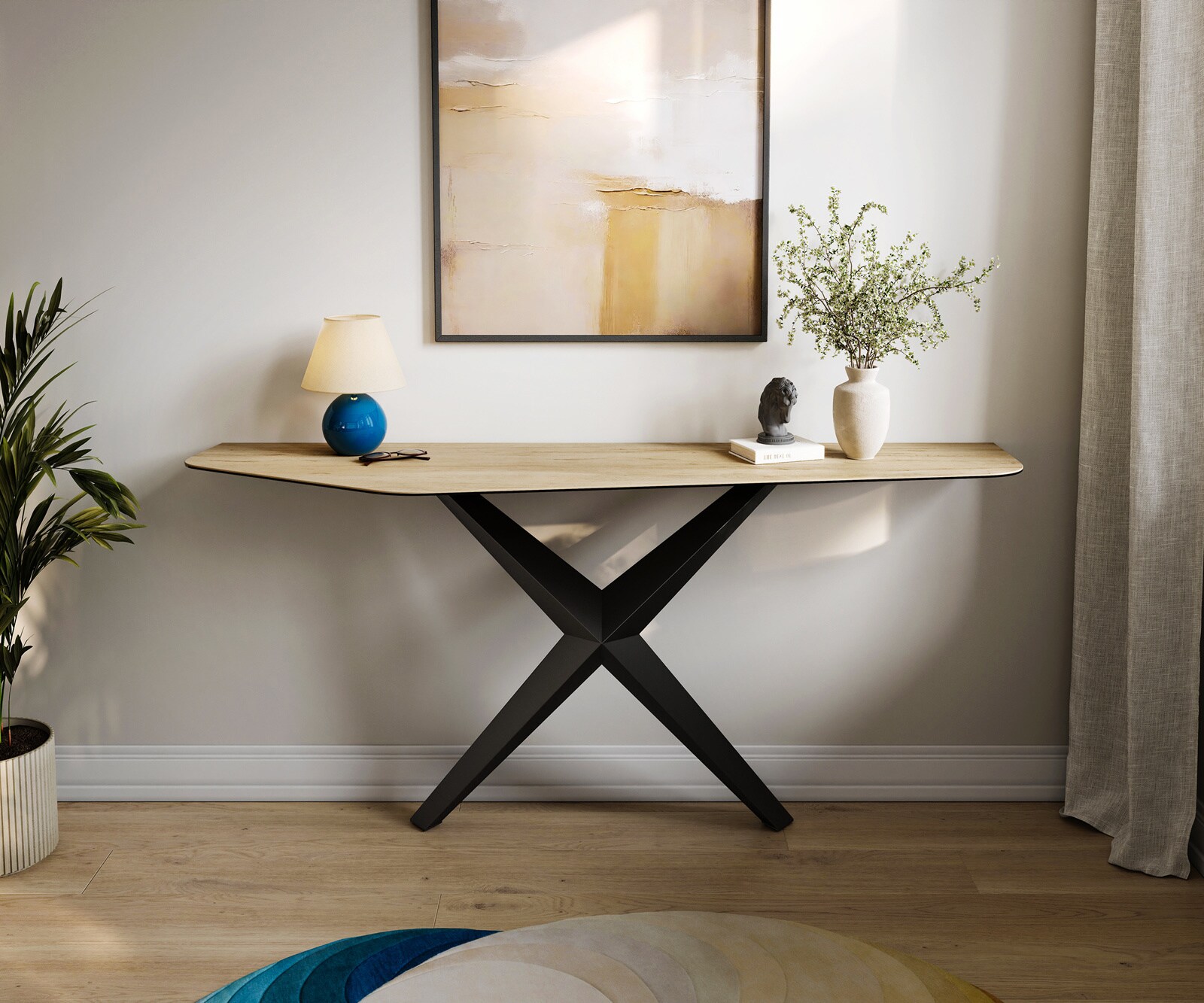 Konsola Edge wielokątna 180x50 cm ceramika Laminam® Sabbia w kolorze dębu podstawa Zentharo metal czarny 1