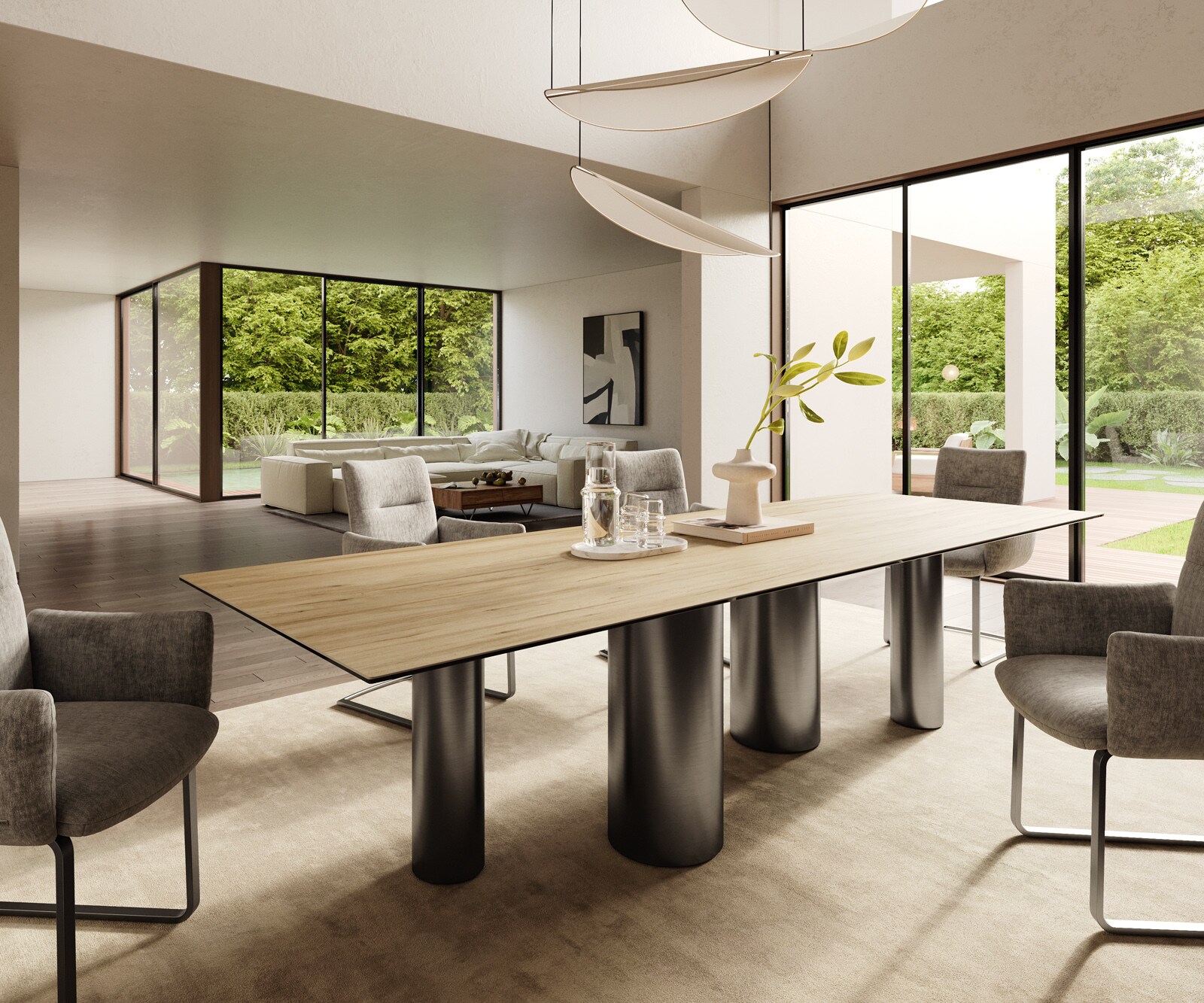 Stół do jadalni Edge 300x100cm ceramika Laminam® Sabbia kolor dębu rama Pilier stal nierdzewna grafit 1