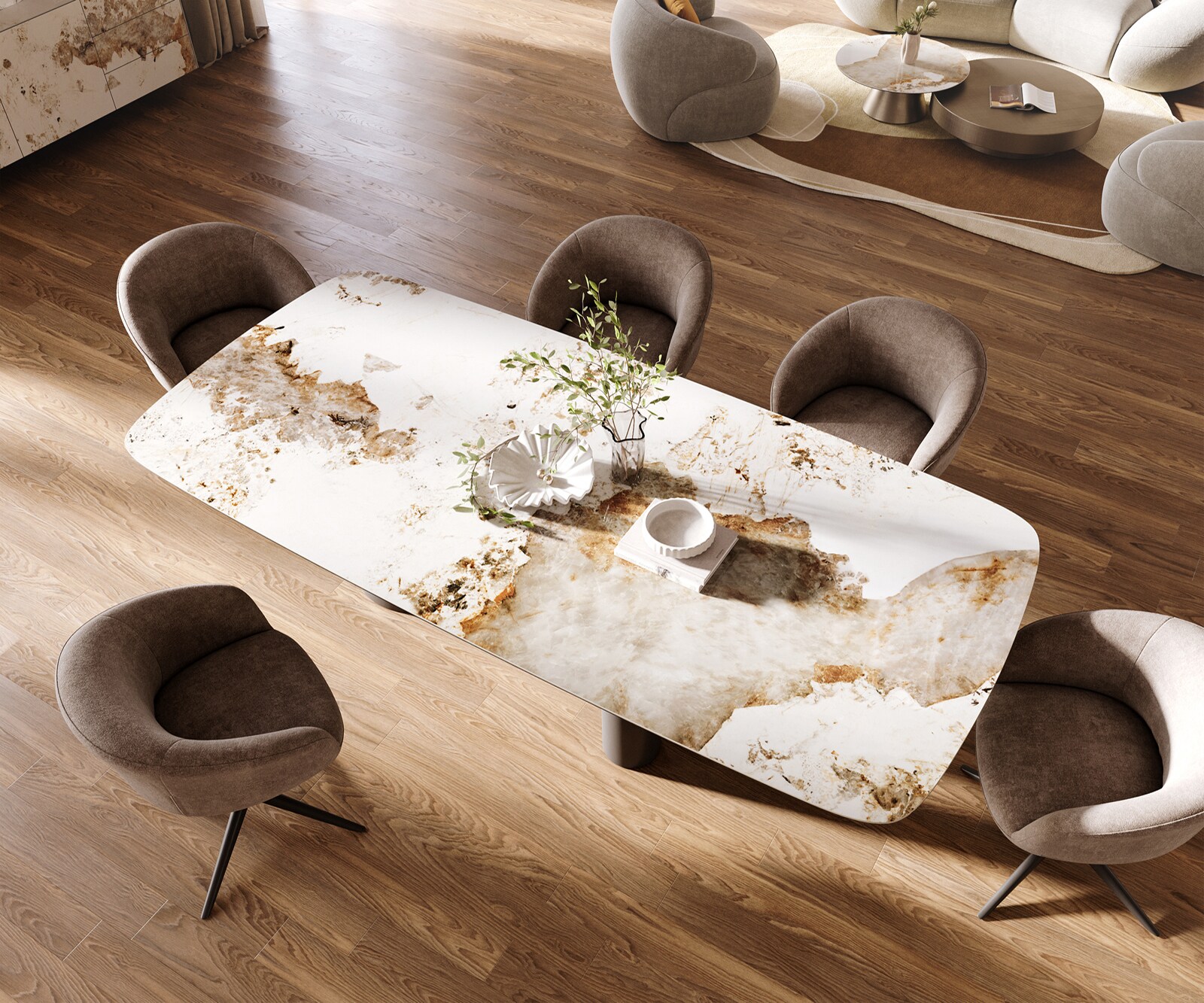 Stół do jadalni Edge w kształcie beczki 260x120 cm ceramika Minas Melange biało-beżowa rama Troa metal czarny 3