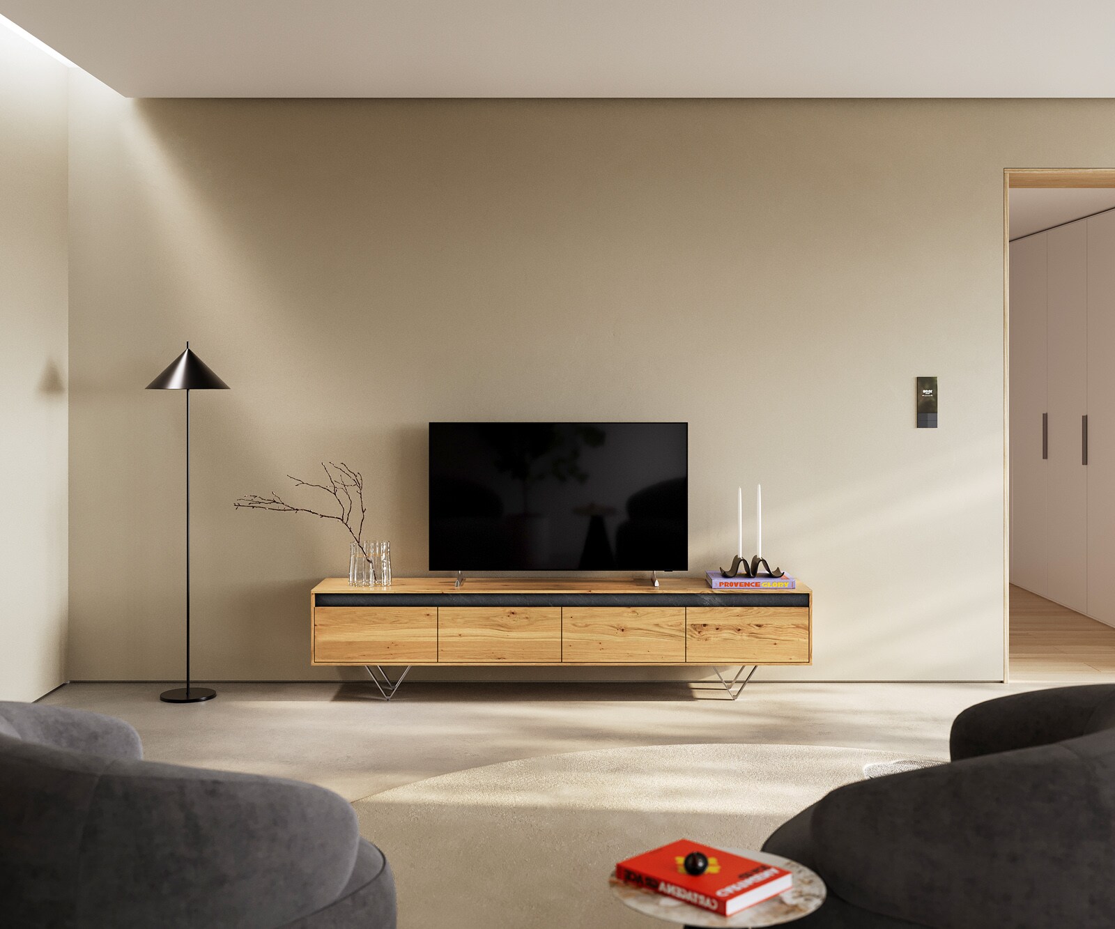 Szafka RTV Stonegrace 200 cm dąb naturalny łupek 4 szuflady nóżki V stal nierdzewna 1