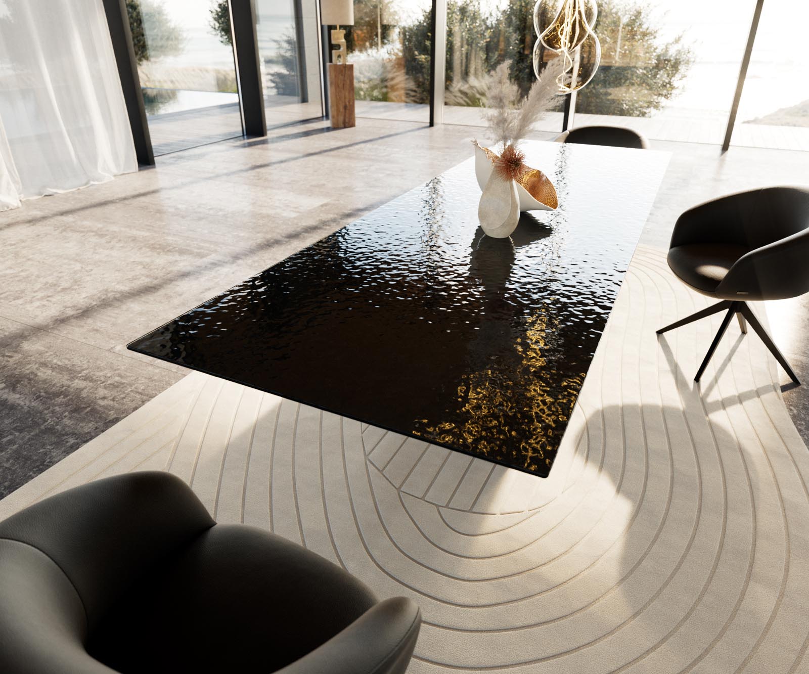 Stół do jadalni Edge 300x100cm szkło reliefowe czarne efekt 3D rama Infinity metal czarny 5