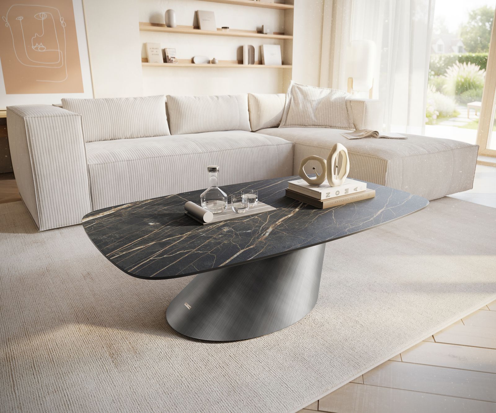 Stolik kawowy Edge w kształcie beczki 120x70 cm ceramika Laminam® Noir Desir brązowy Conis srebrny metaliczny 1