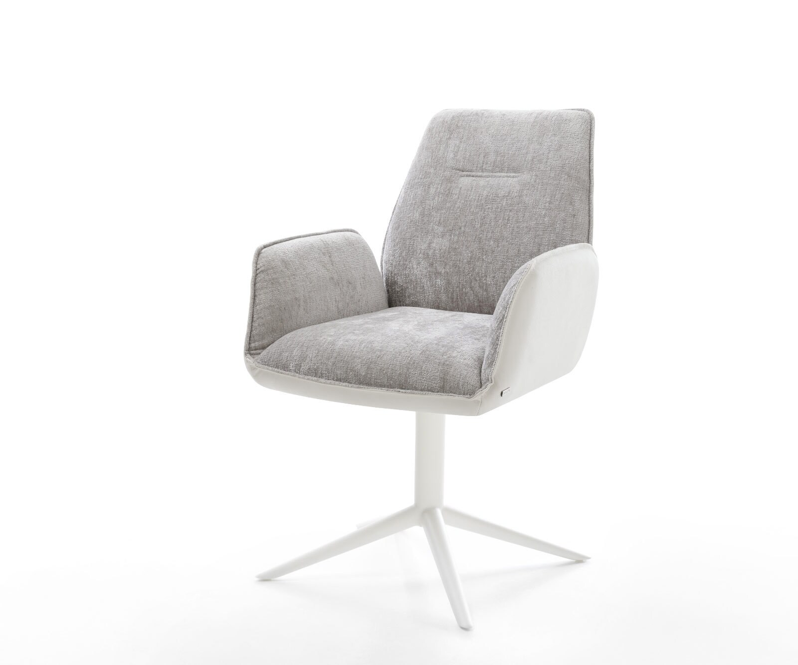 Krzesło do jadalni Zoa-Flex mieszanka materiałów skóra naturalna/szenil kolor biało-srebrno-szary podstawa krzyżowa biała obracane o 360° funkcja kołyski ze sprężynami kieszeniowymi