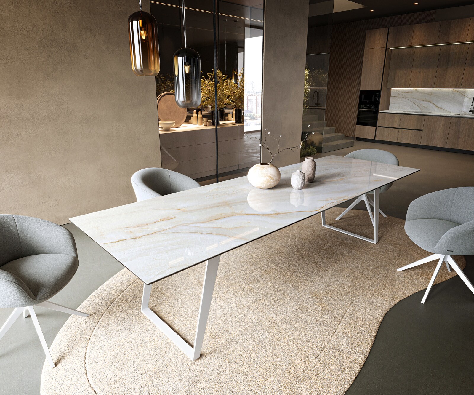 Stół do jadalni Edge 300x100cm ceramika Onyx Pearl metal pochylona rama biała