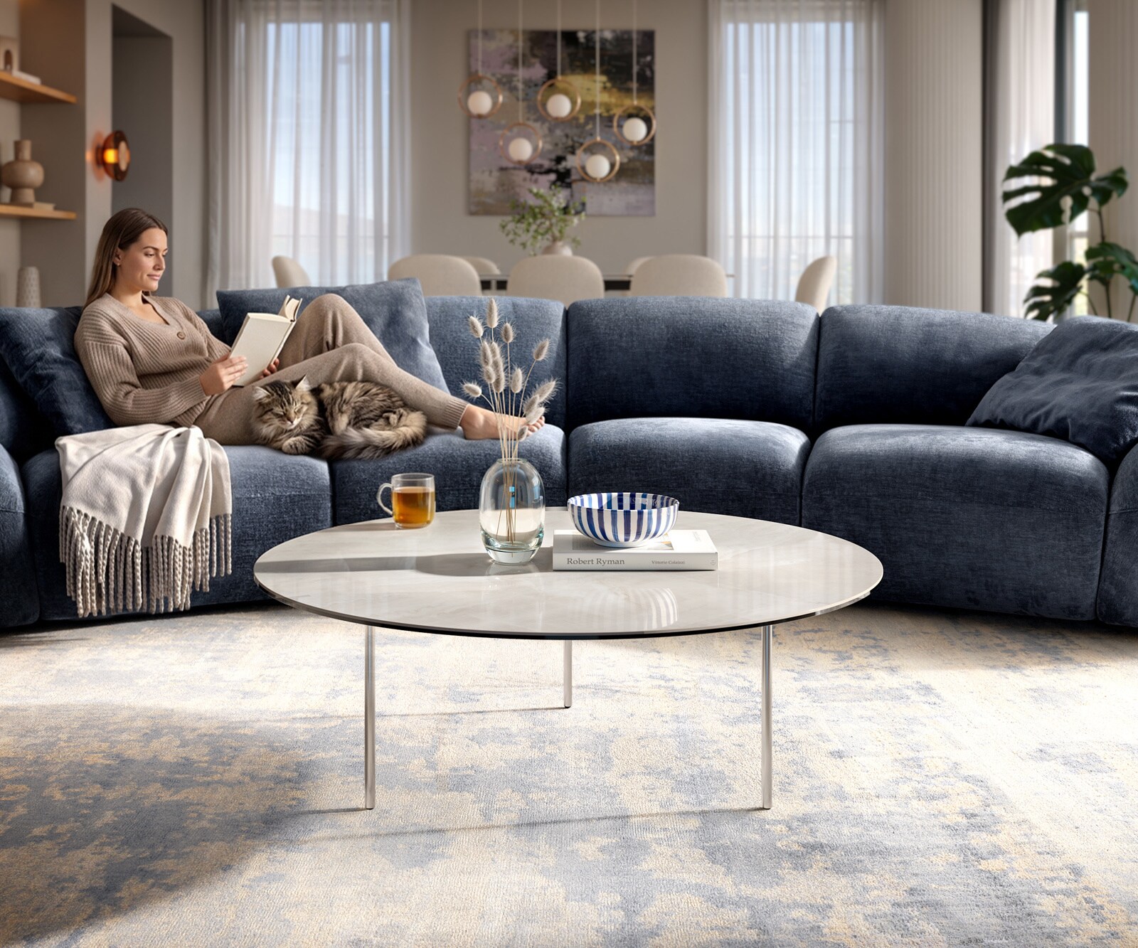 Stolik kawowy Edge okrągły 100x100 cm ceramika Onyx Champagne podstawa Trive stal nierdzewna szczotkowana 2