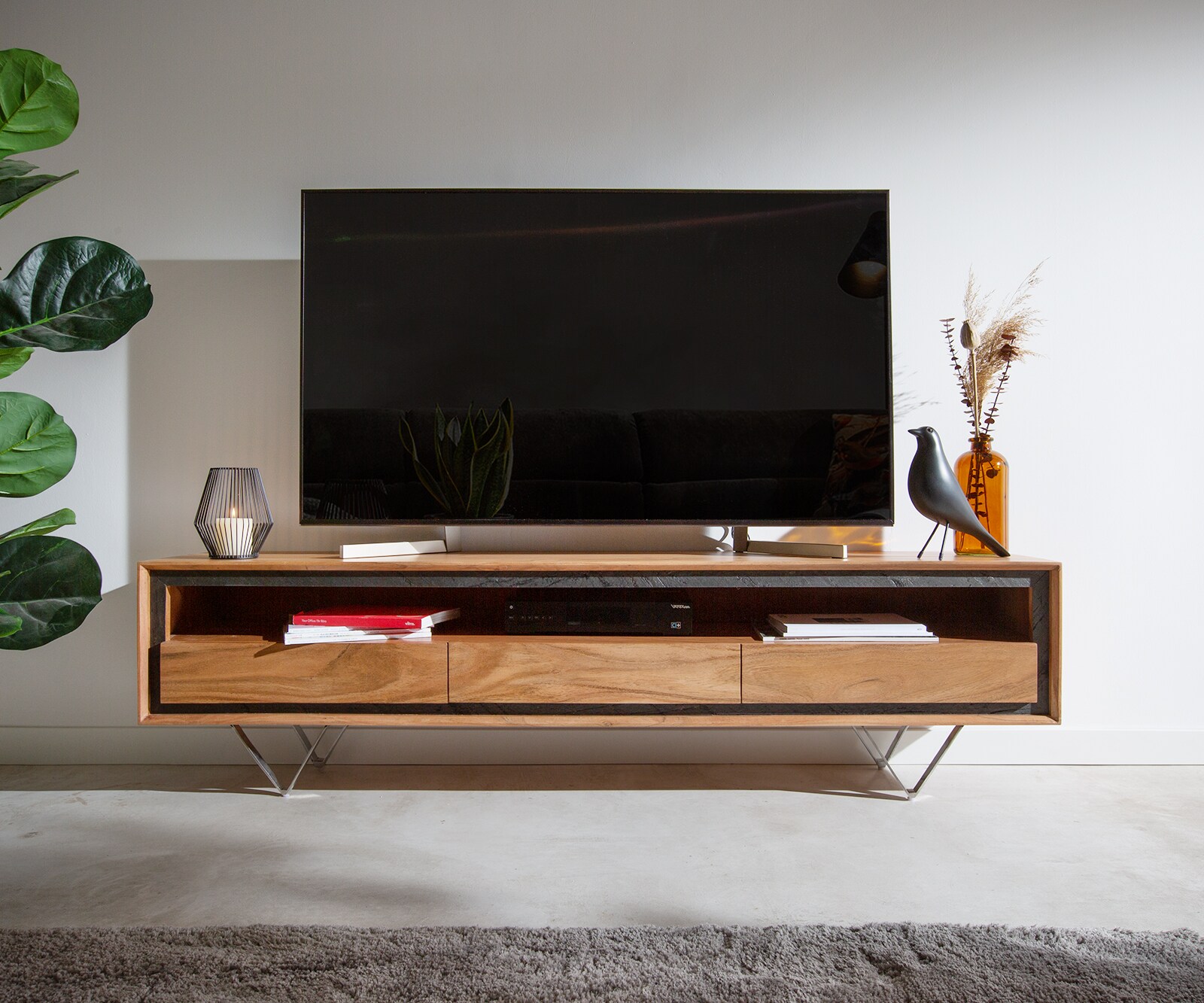 Szafka RTV Stonegrace 175 cm akacja naturalna 1 przegroda 3 szuflady fornir kamienny nóżki V 1