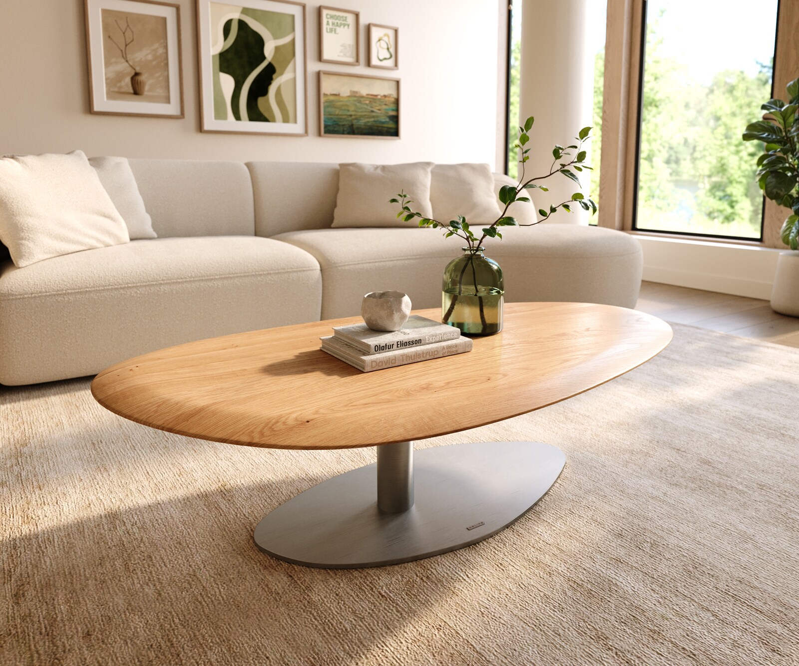 Stolik kawowy Edge owalny 140x75 cm dąb naturalny zaokrąglona krawędź Vibany stal nierdzewna szczotkowana 1