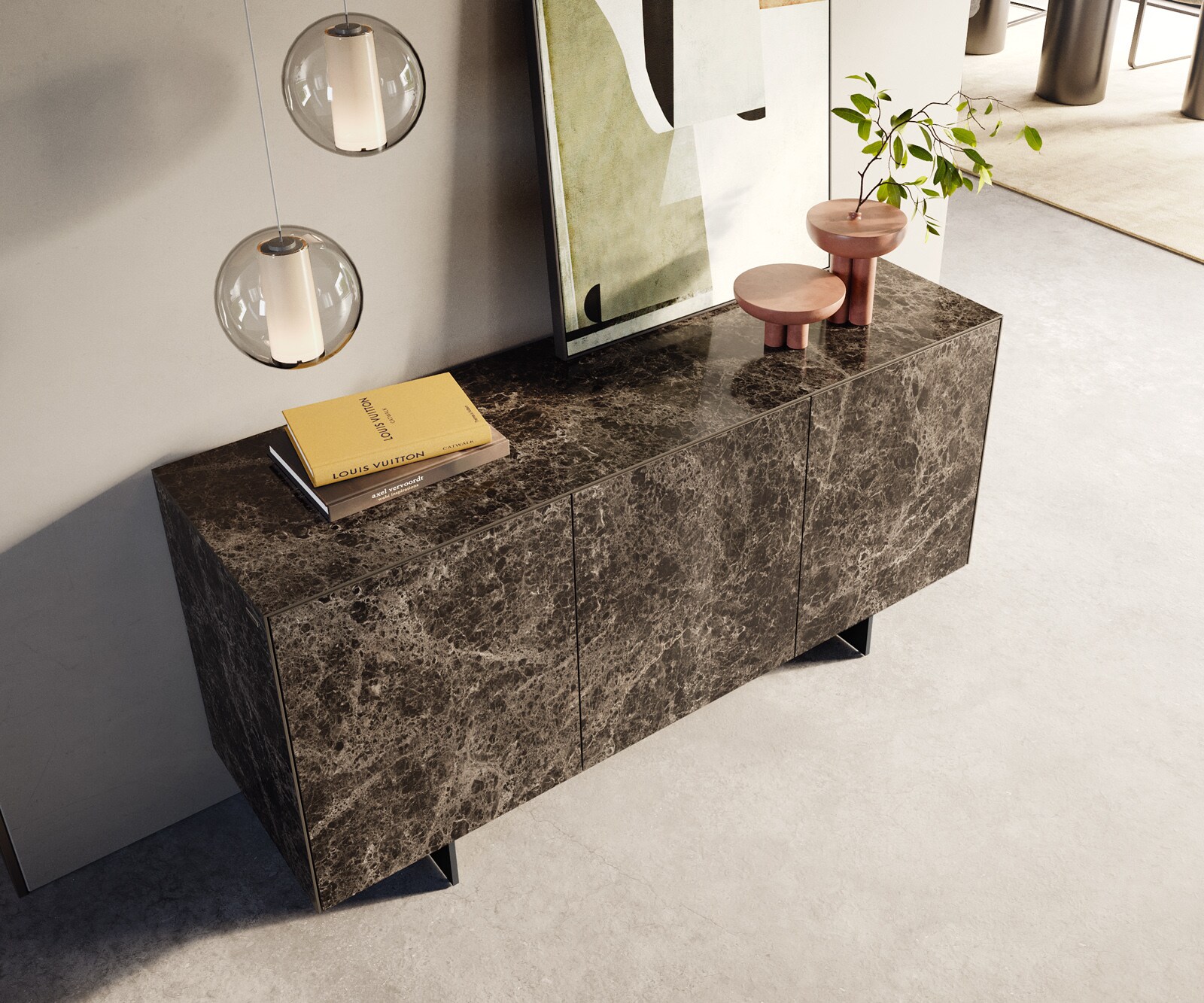 Komoda Cuor 150 cm ceramika Emperador Extra Lucidato ciemnobrązowa 3 drzwi nóżki wąskie czarny metal 4