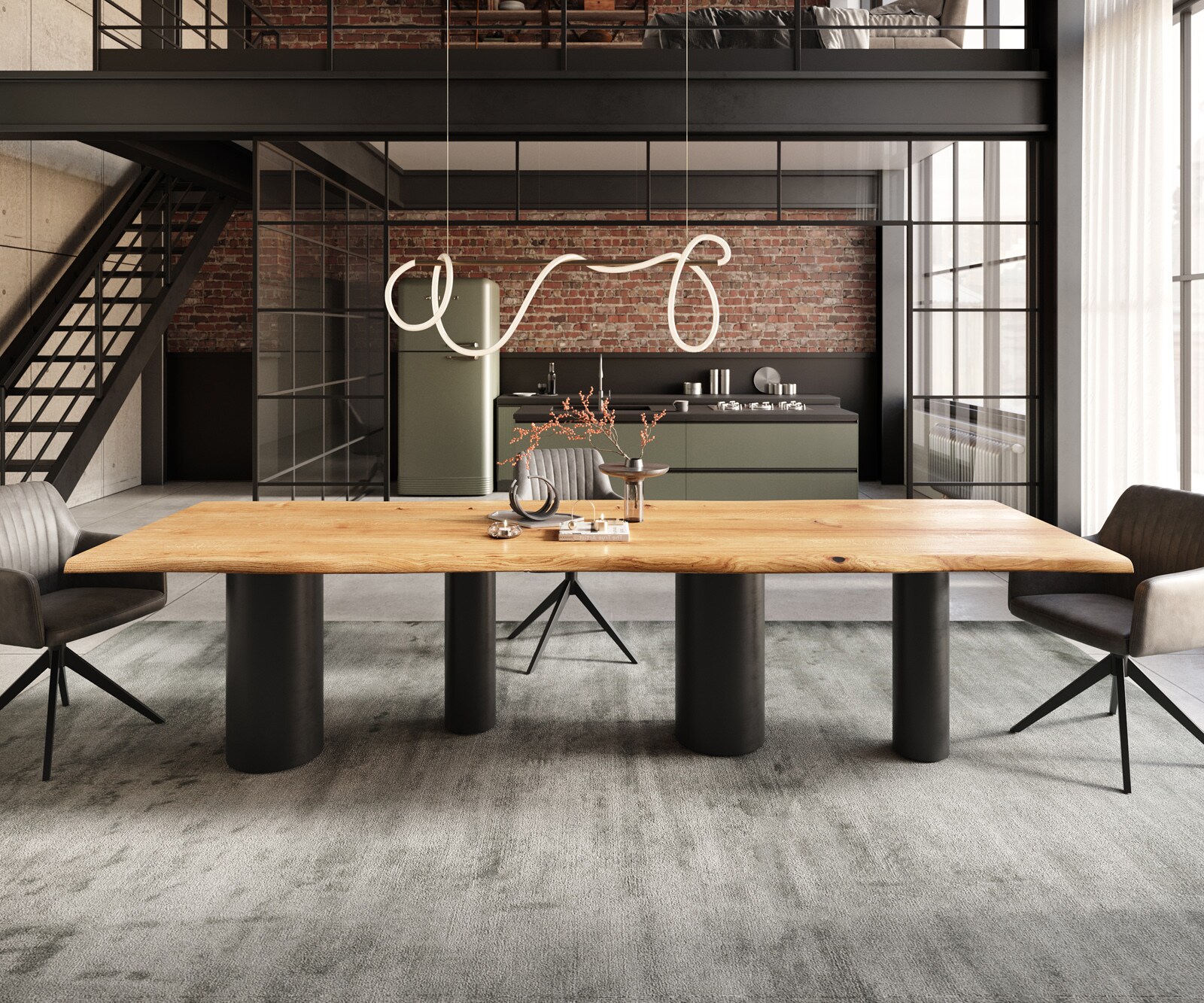 Stół do jadalni Edge 300x100x4cm dąb naturalny rama Pilier metal czarny live-edge 2