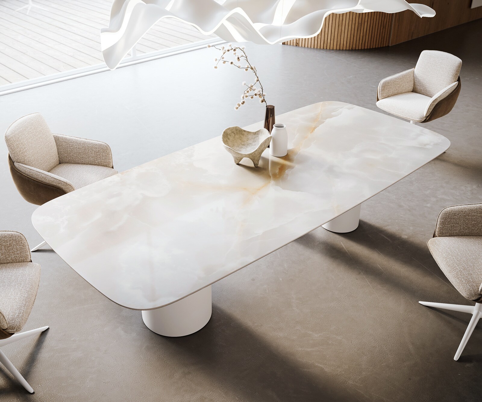 Stół do jadalni Edge w kształcie beczki 270x120 cm ceramika Iris FMG Onice Grigio rama Troa metal biały 4
