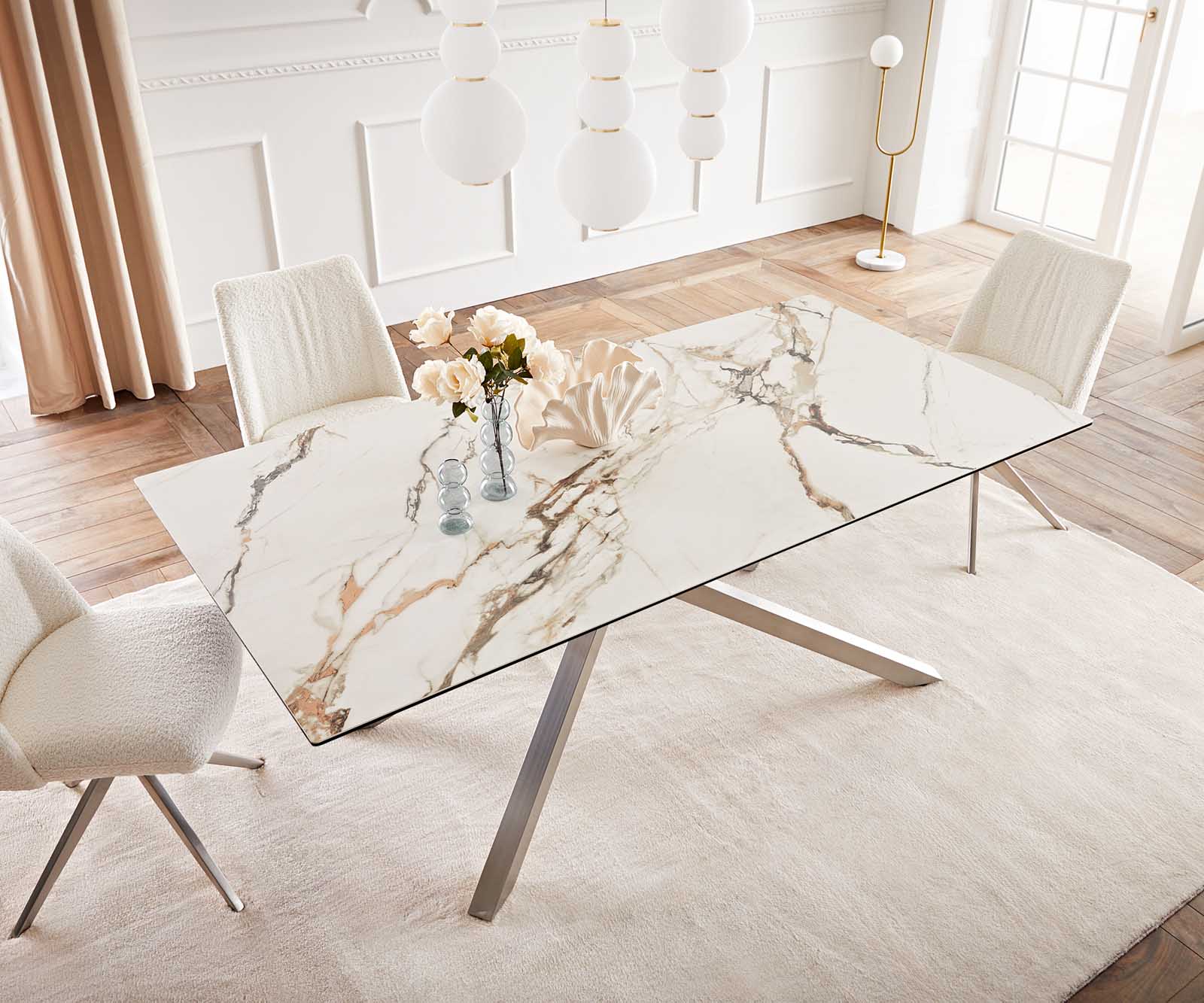 Stół do jadalni Edge 200x100 cm ceramika Calacatta Luxe biało-złoto-szary rama Cross stal nierdzewna 5