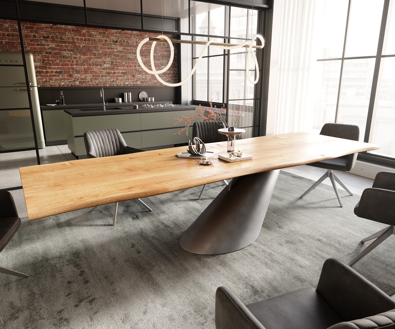 Stół do jadalni Edge 300x100x4cm dąb naturalny rama Cono metaliczny srebrny live-edge 1