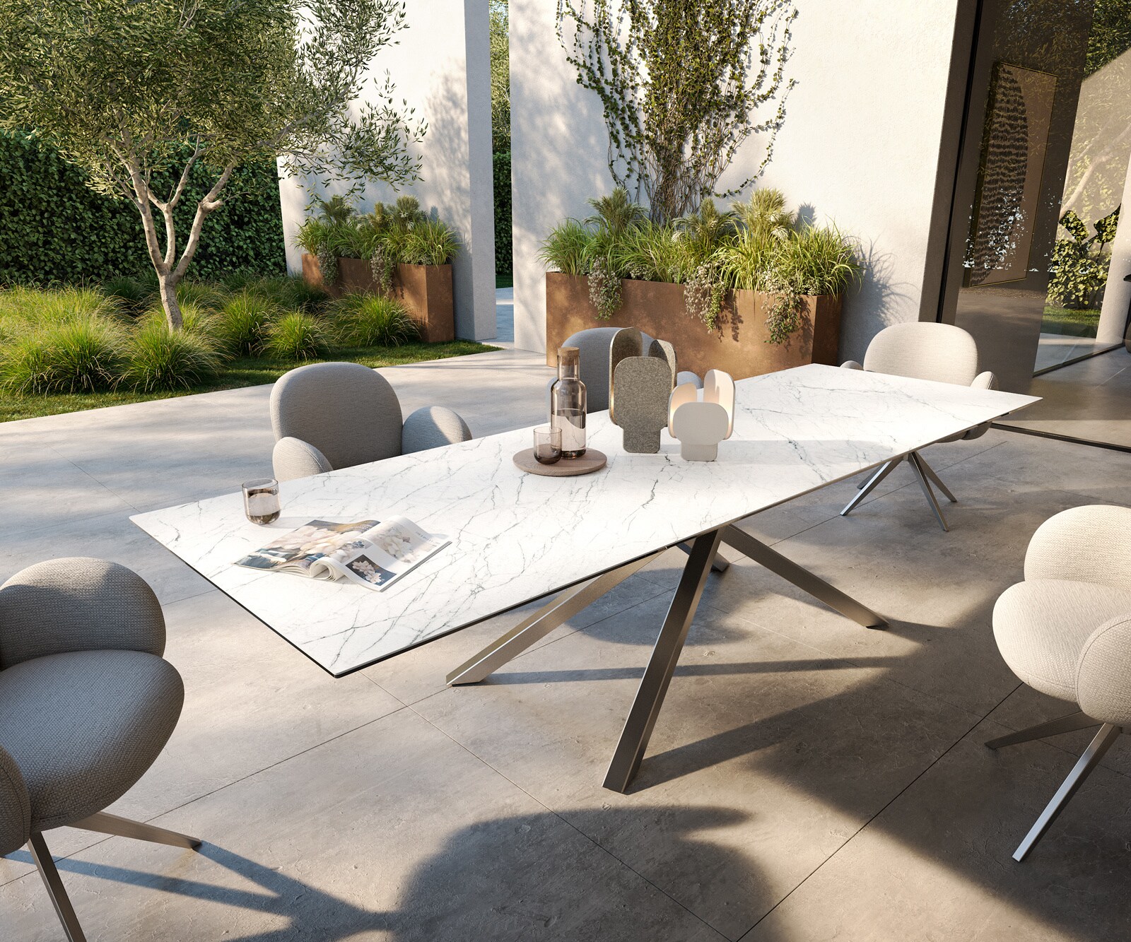 Stół ogrodowy Edge 300x100 cm ceramika Laminam® Statuarietto biały rama Cross stal nierdzewna