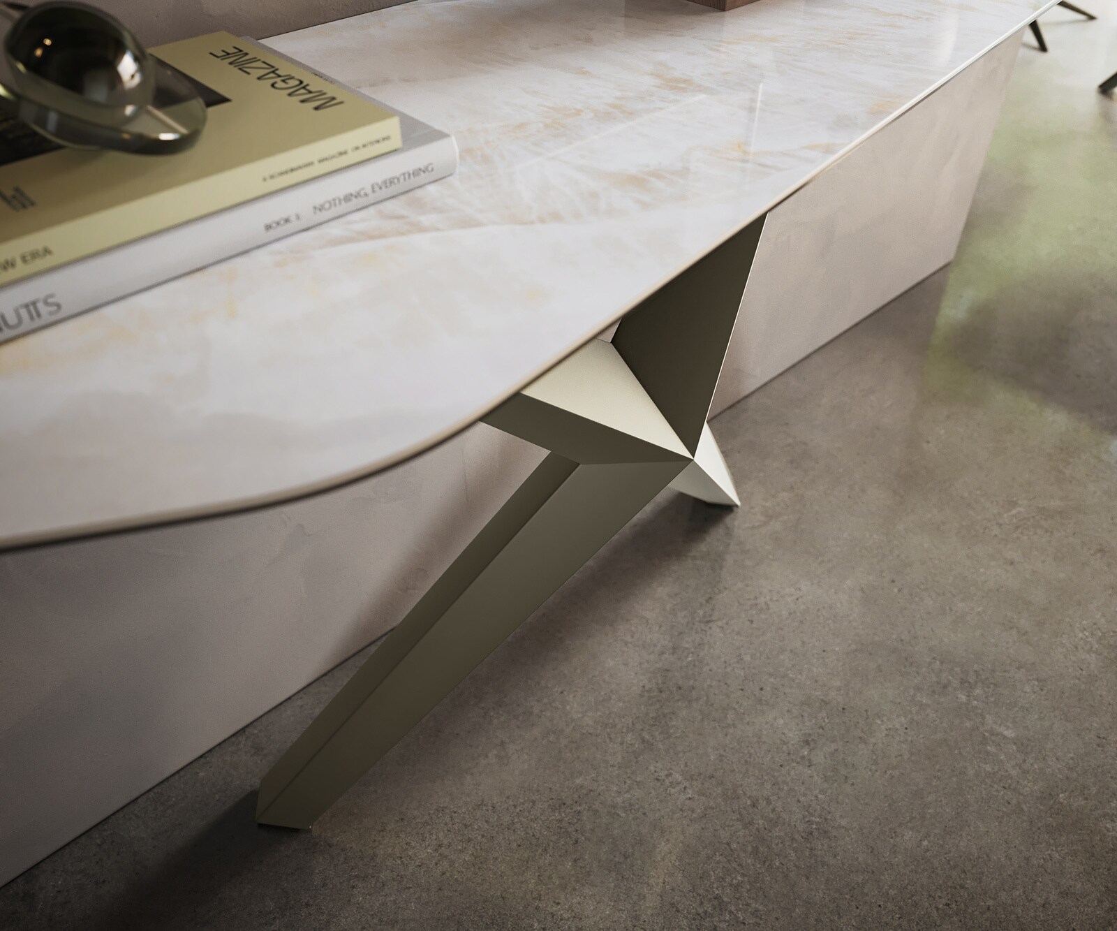 Konsola Edge wielokątna 180x50 cm ceramika Onyx Pearl podstawa Zentharo metal w kolorze tytanu 6