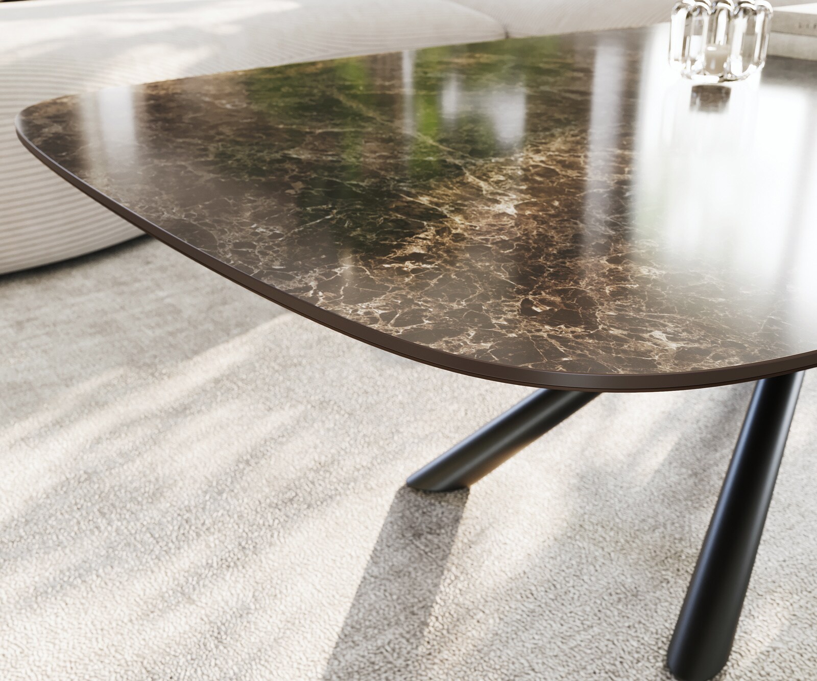 Stolik kawowy Edge w kształcie beczki 140x80 cm ceramika Laminam® Emperador Extra Lucidato ciemnobrązowy Sarity czarny metal 6