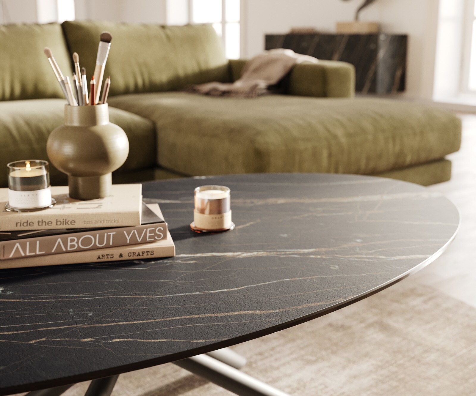 Stolik kawowy Edge owalny 140x80 cm ceramika Laminam® Noir Desir brązowa podstawa Sarity metal czarny 6